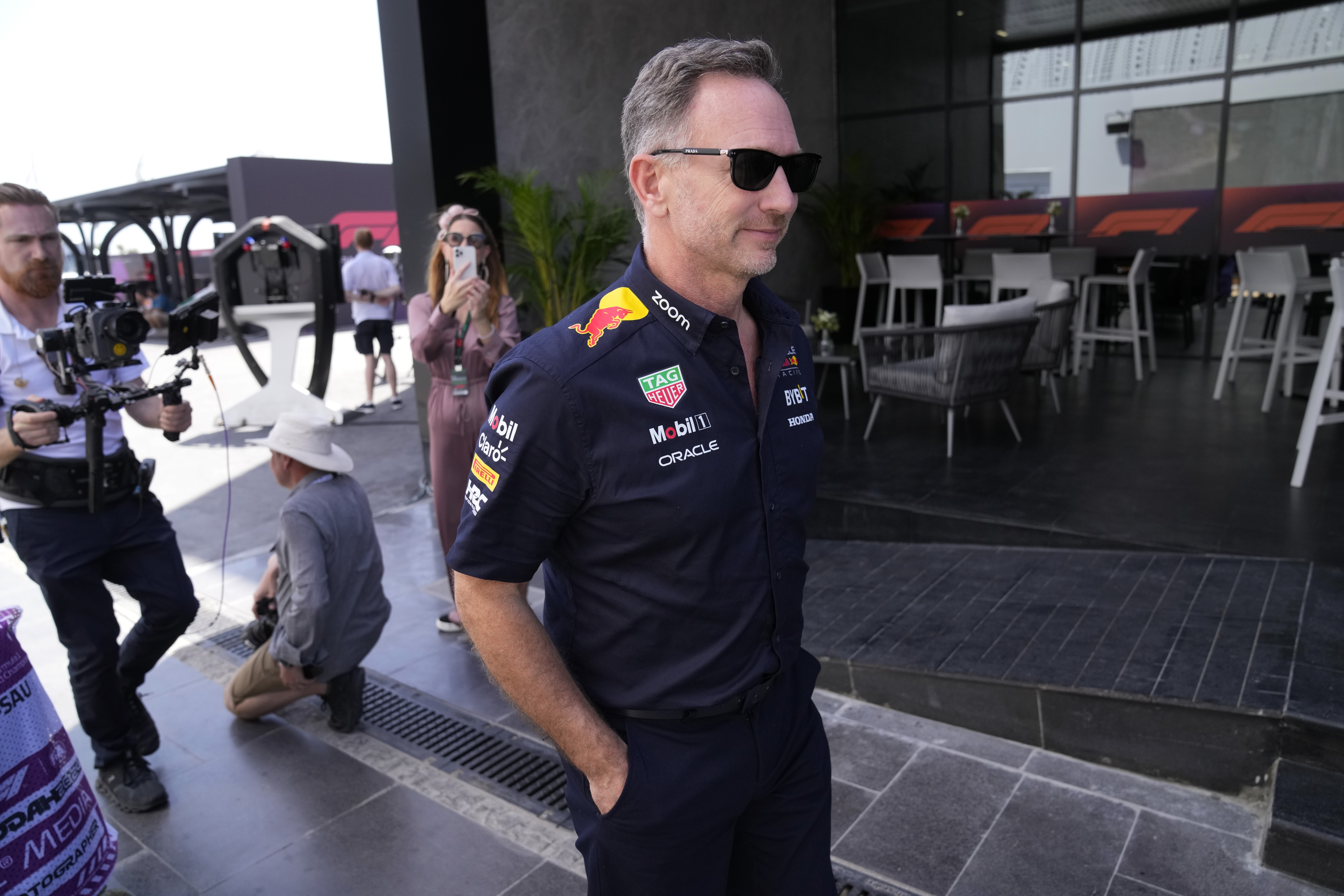 Red Bull team principal Christian Horner arrives at the circuit for the first practice session ahead of the Formula One Saudi Arabian Grand Prix at the Jeddah Corniche Circuit in Jeddah, Saudi Arabia, Thursday, March 7, 2024. The Saudi Arabian Grand Prix will be held on Saturday, March 9, 2024.