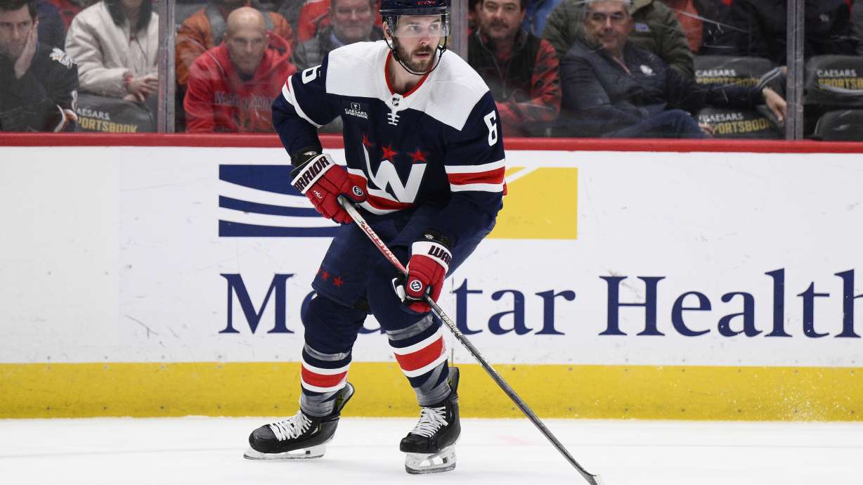 FILE - Washington Capitals defenseman Joel Edmundson (6) plays during the second period of an NHL hockey game against the Montreal Canadiens, Tuesday, Feb. 6, 2024, in Washington. The Toronto Maple Leafs joined the NHL trade deadline party Thursday, March 7, 2024, by acquiring defenseman Joel Edmundson from the Washington Capitals.