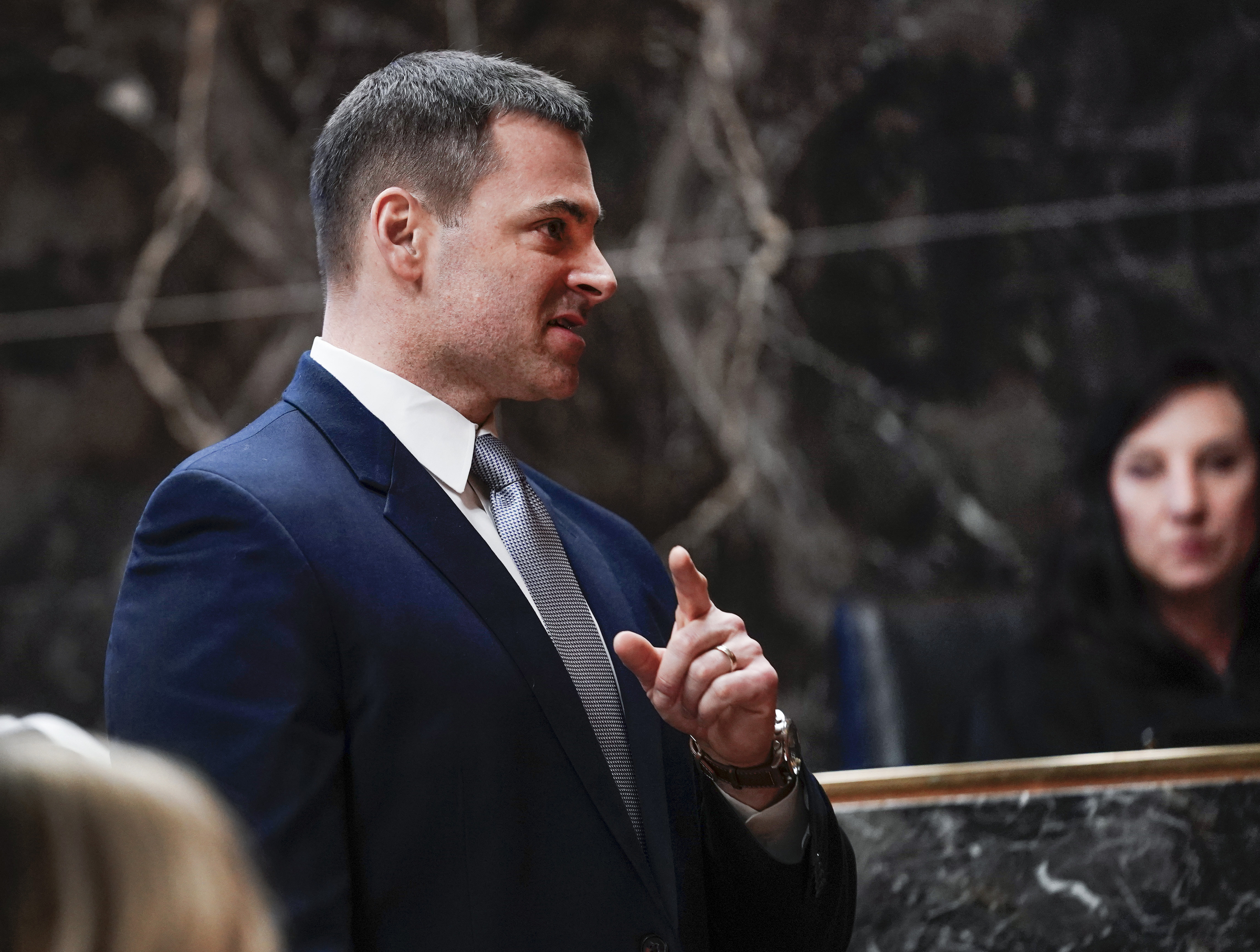 Assistant Oakland County prosecutor Marc Keast makes opening statements, in the trial of James Crumbley in the Oakland County courtroom of Cheryl Matthews on Thursday, in Pontiac, Mich. James Crumbley, 47, is charged with four counts of involuntary manslaughter, one for each teenager killed by Ethan Crumbley at Oxford High School in 2021.