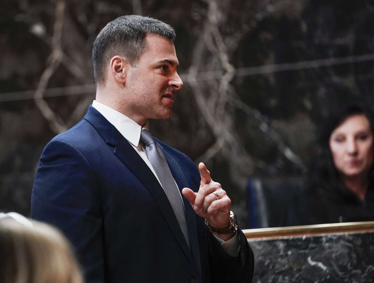 Assistant Oakland County prosecutor Marc Keast makes opening statements, in the trial of James Crumbley in the Oakland County courtroom of Cheryl Matthews on Thursday, in Pontiac, Mich. James Crumbley, 47, is charged with four counts of involuntary manslaughter, one for each teenager killed by Ethan Crumbley at Oxford High School in 2021.
