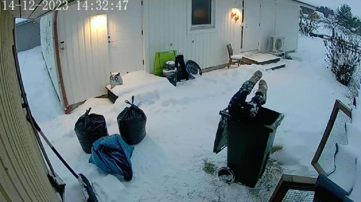 A woman gets stuck in a garbage bin in Sweden in this February video.