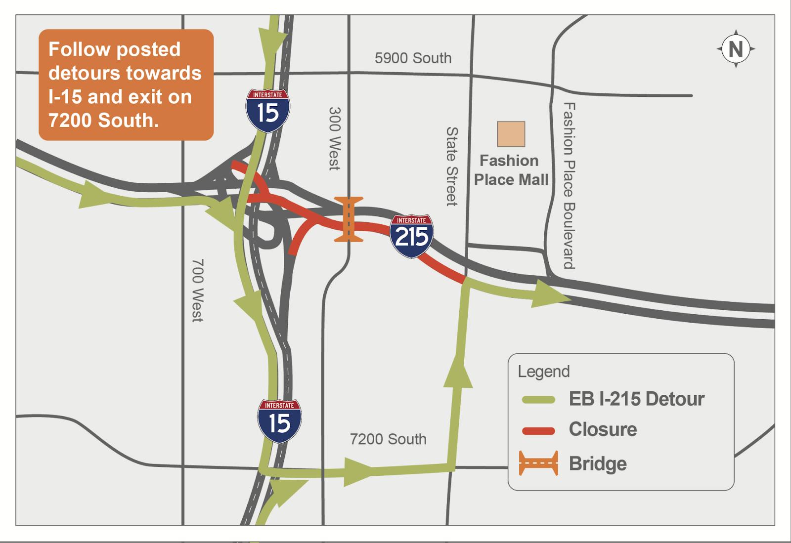 Eastbound I-215 will be closed between the I-15 interchange and State Street while crews take off the top layers of the 300 West bridge over I-215 for repairs.