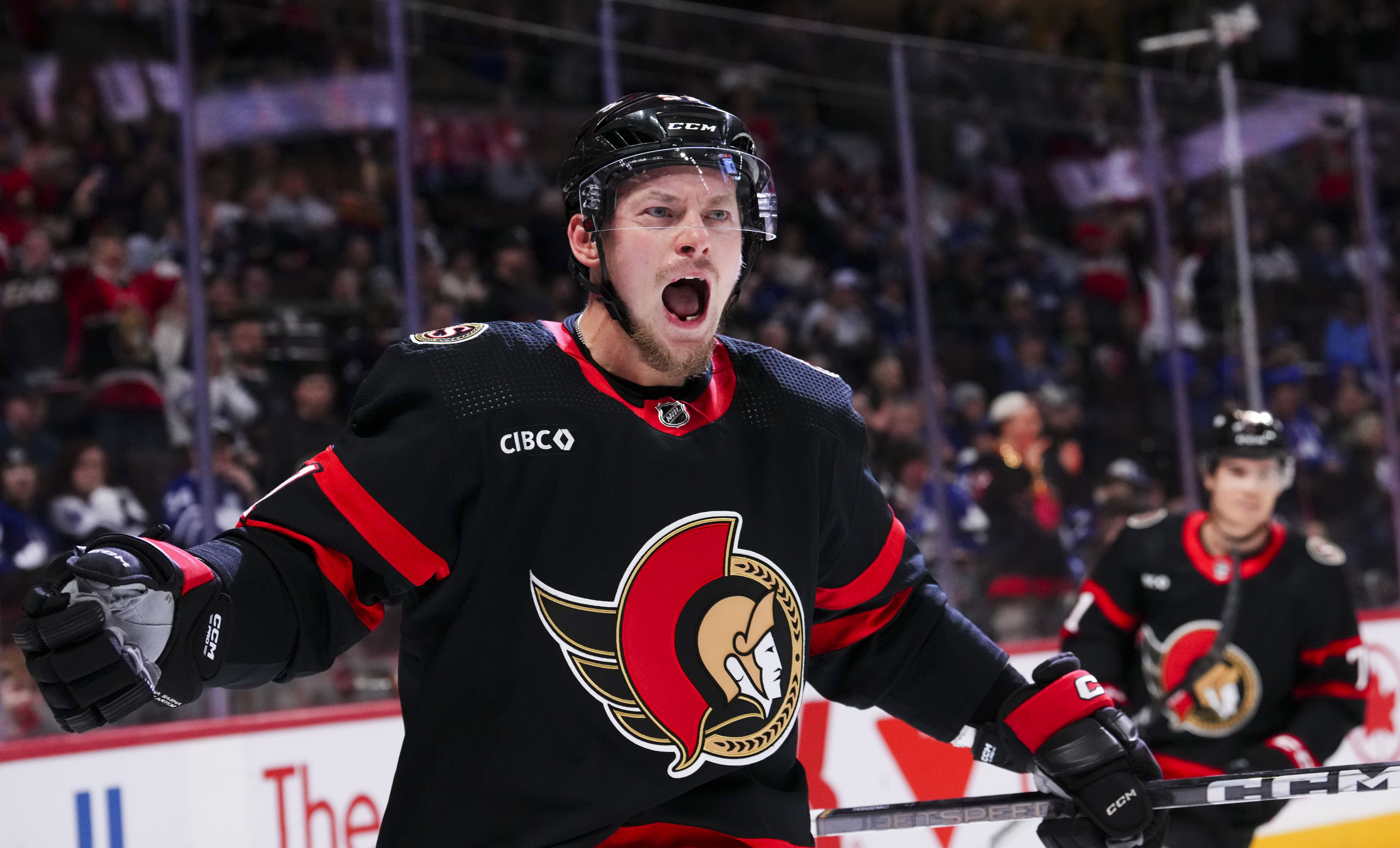 Ottawa Senators right wing Vladimir Tarasenko celebrates after his goal against the Toronto Maple Leafs during second-period NHL hockey game action in Ottawa, Ontario, Saturday, Feb. 10, 2024.