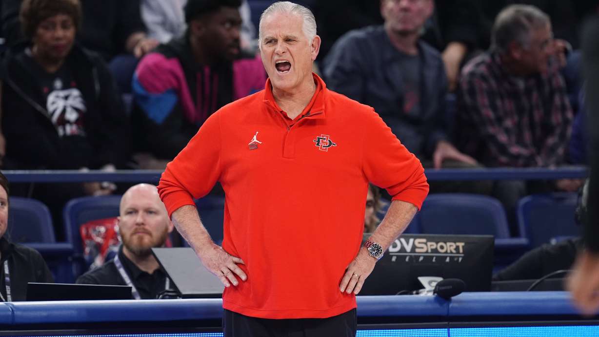 FILE - San Diego State head coach Brian Dutcher in the first half of an NCAA college basketball game Tuesday, Feb. 6, 2024, at Air Force Academy, Colo. Dutcher has experienced all 25 seasons of Mountain West basketball and he's never seen anything like this one. A season after Dutcher's San Diego State Aztecs became the first Mountain West team to reach the Final Four, the conference could have a record six teams reach the NCAA Tournament.