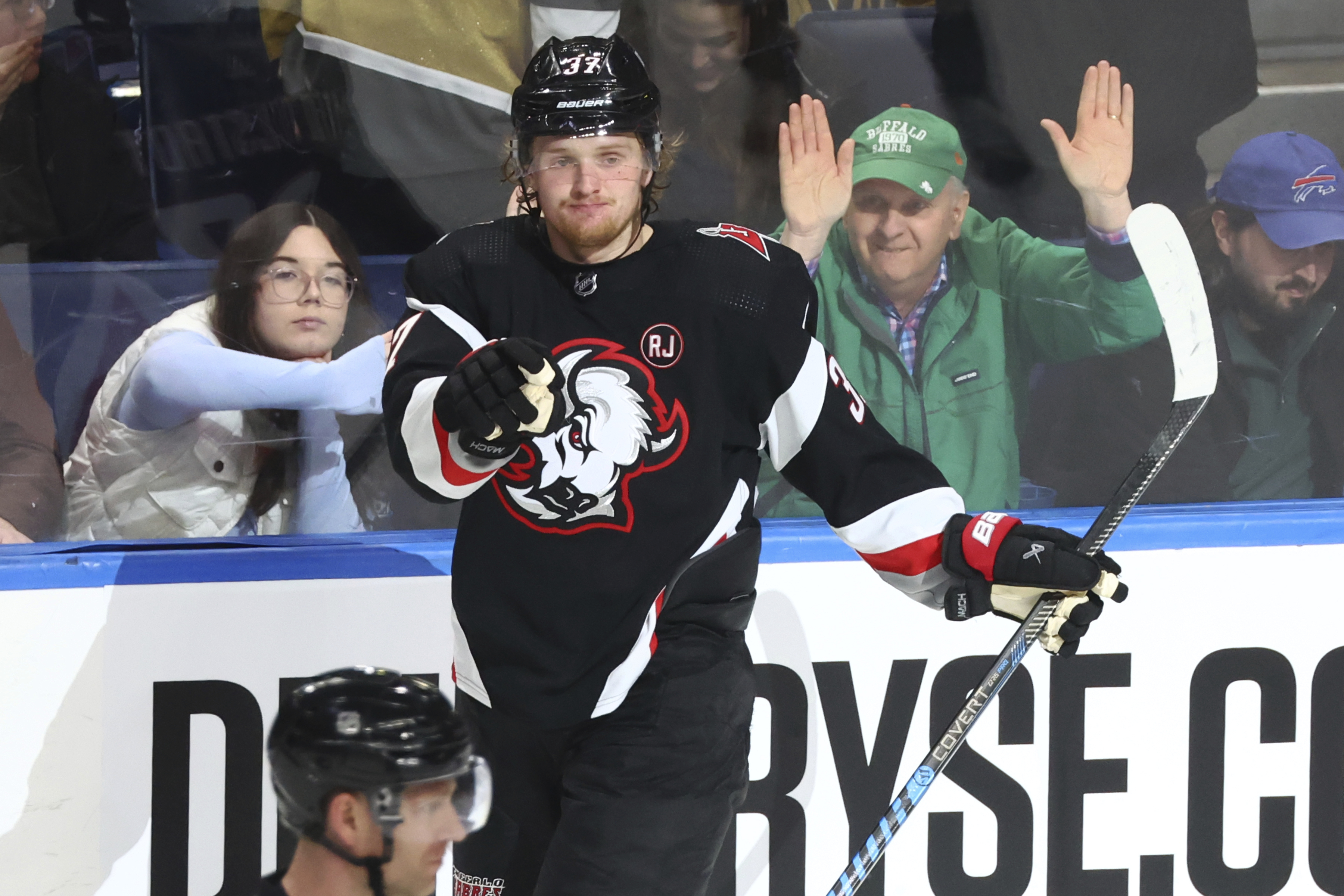 Buffalo Sabres center Casey Mittelstadt (37) celebrates his goal during the third period of an NHL hockey game against the Vegas Golden Knights Saturday, March 2, 2024, in Buffalo, N.Y. 