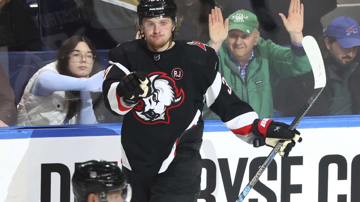 Buffalo Sabres center Casey Mittelstadt (37) celebrates his goal during the third period of an NHL hockey game against the Vegas Golden Knights Saturday, March 2, 2024, in Buffalo, N.Y.