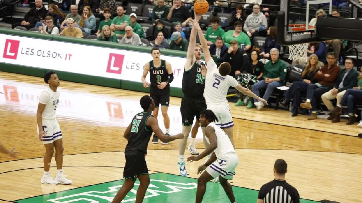 Utah Valley's Ethan Potter shoots over Tarleton's Traivar Jackson on Feb. 8 in Orem.