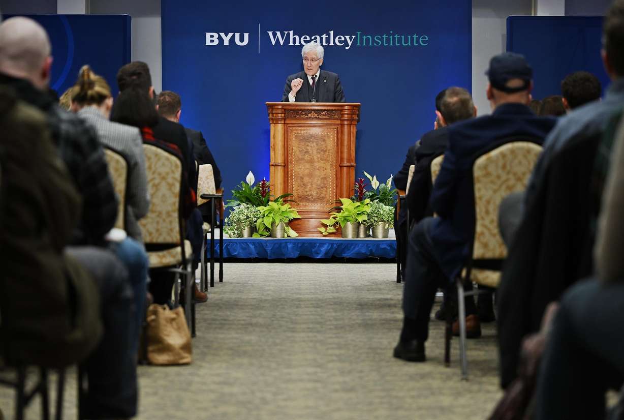 Princeton professor Robert George lectures at the Wheatley Institute at BYU in Provo on Thursday, March 7, 2024.