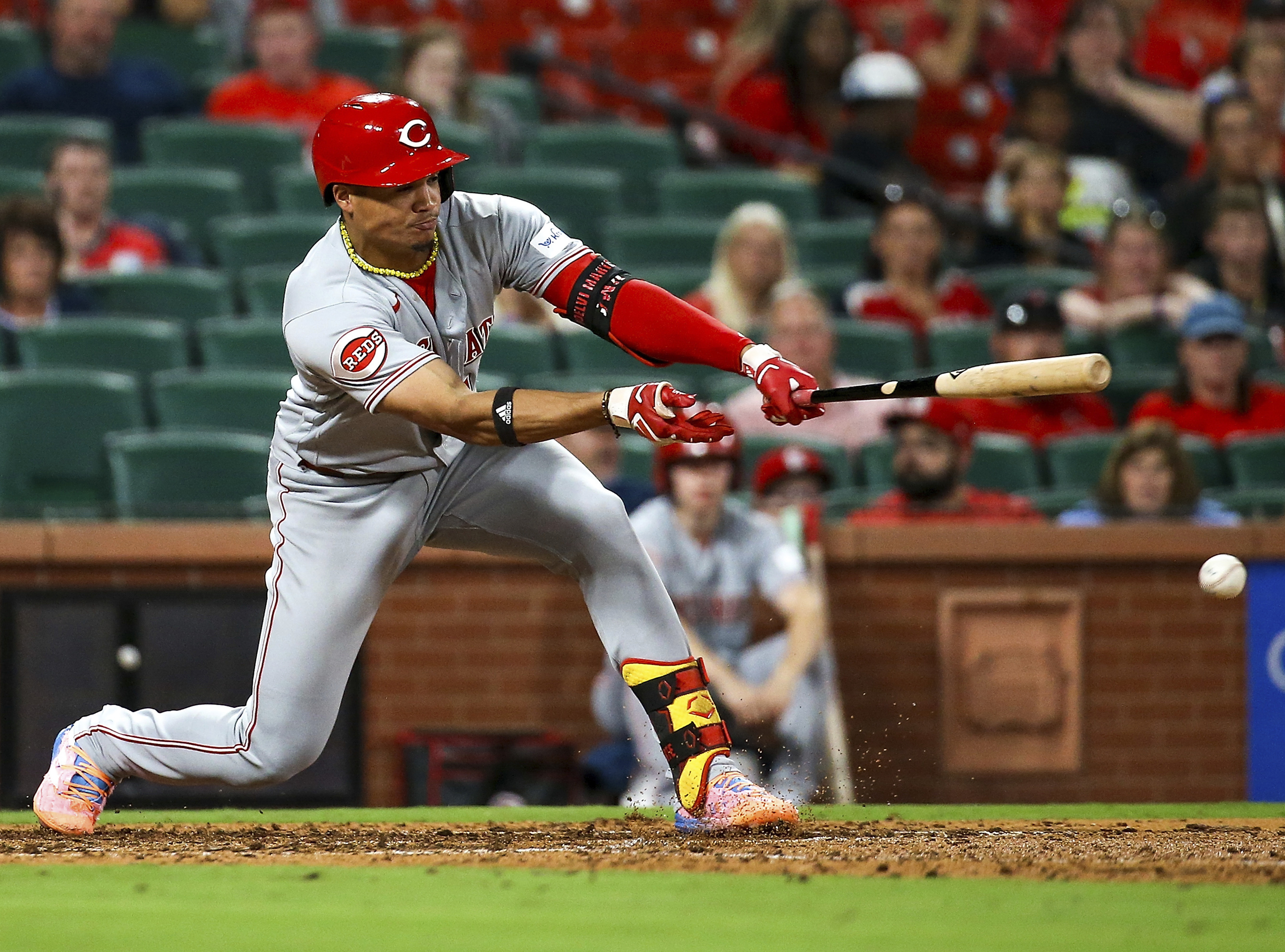 FILE - Cincinnati Reds' Noelvi Marté hits a single during the eighth inning of a baseball game against the St. Louis Cardinals, Sept. 29, 2023, in St. Louis. Marté, a 22-year-old infielder who is the Reds top prospect, was suspended for the first 80 games of the season Friday, March 8, 2024, following a positive test under Major League Baseball's drug program.