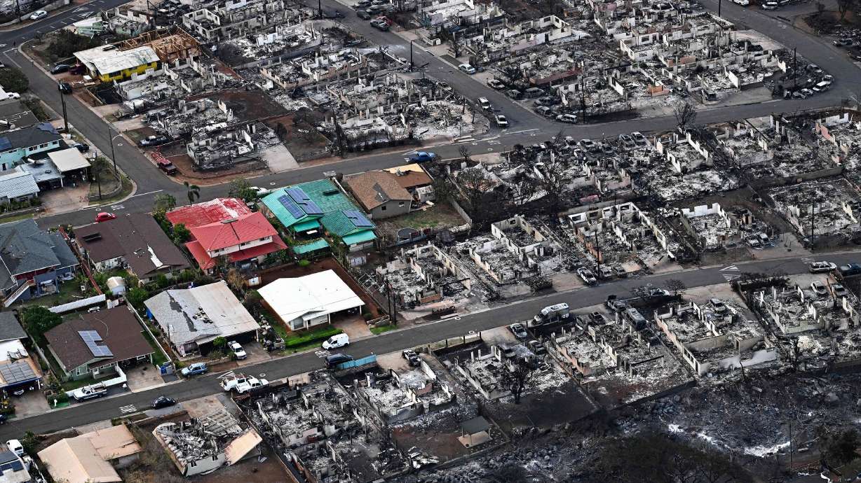 Homes and buildings burned to the ground in Lahaina, Maui, Hawaii, during massive wildfires in August 2023. Fire detection sensors are being placed around the islands to lead to quicker response when wildfires break out.