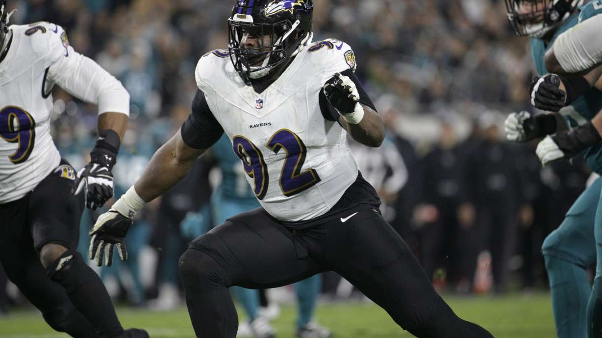 FILE - Baltimore Ravens defensive tackle Justin Madubuike (92) follows a play during the second half of an NFL football game against the Jacksonville Jaguars, Sunday, Dec. 17, 2023, in Jacksonville, Fla. Madubuike had more sacks last season (13) than his first three seasons combined. His breakout season will land him a significant deal, and perhaps a franchise tag.