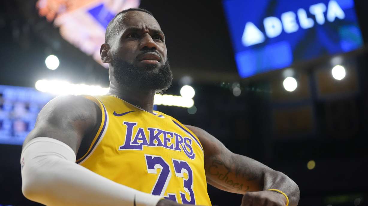 Los Angeles Lakers forward LeBron James (23) reacts after scoring against the Sacramento Kings during the first half of an NBA basketball game Wednesday, March 6, 2024, in Los Angeles.