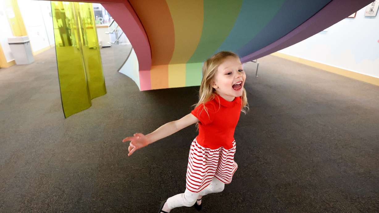 Emma Wilson plays in the City Library in Salt Lake City on Friday. The Salt Lake Main Library is one of the world's most popular libraries, according to new rankings based on Google review scores, Wikipedia page views and social media posts.