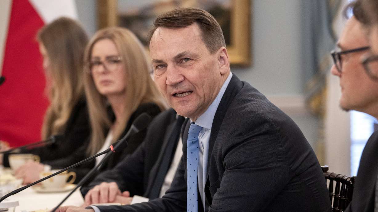 Polish Foreign Minister Radoslaw Sikorski speaks while meeting with Secretary of State Antony Blinken, not pictured, Feb. 26, at the State Department in Washington. Sikorski said the presence of NATO troops in Ukraine is 'not unthinkable.'