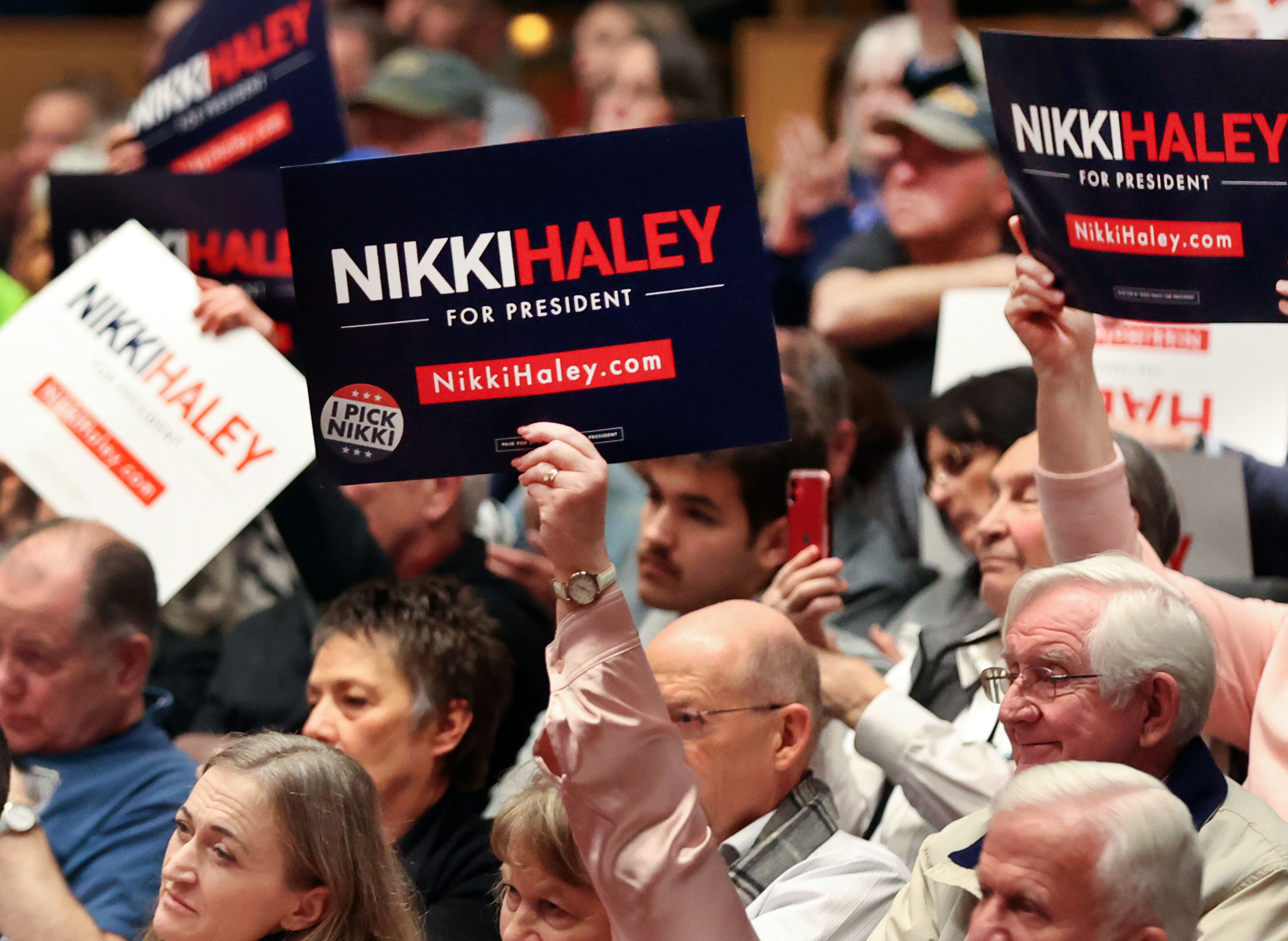 People attend a rally for Republican presidential candidate Nikki Haley at the Noorda Center for the Performing Arts at Utah Valley University in Orem on Feb. 28. Haley's supporters face a choice now that she has suspended her presidential campaign.