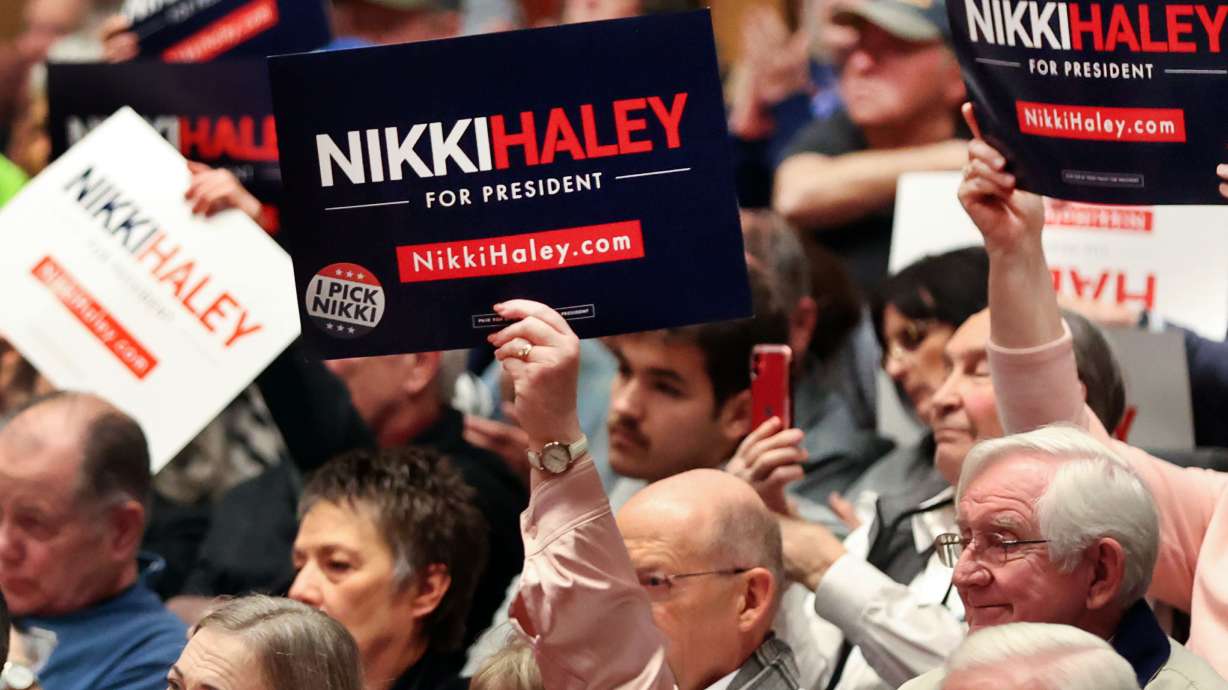 People attend a rally for Republican presidential candidate Nikki Haley at the Noorda Center for the Performing Arts at Utah Valley University in Orem on Feb. 28. Haley's supporters face a choice now that she has suspended her presidential campaign.