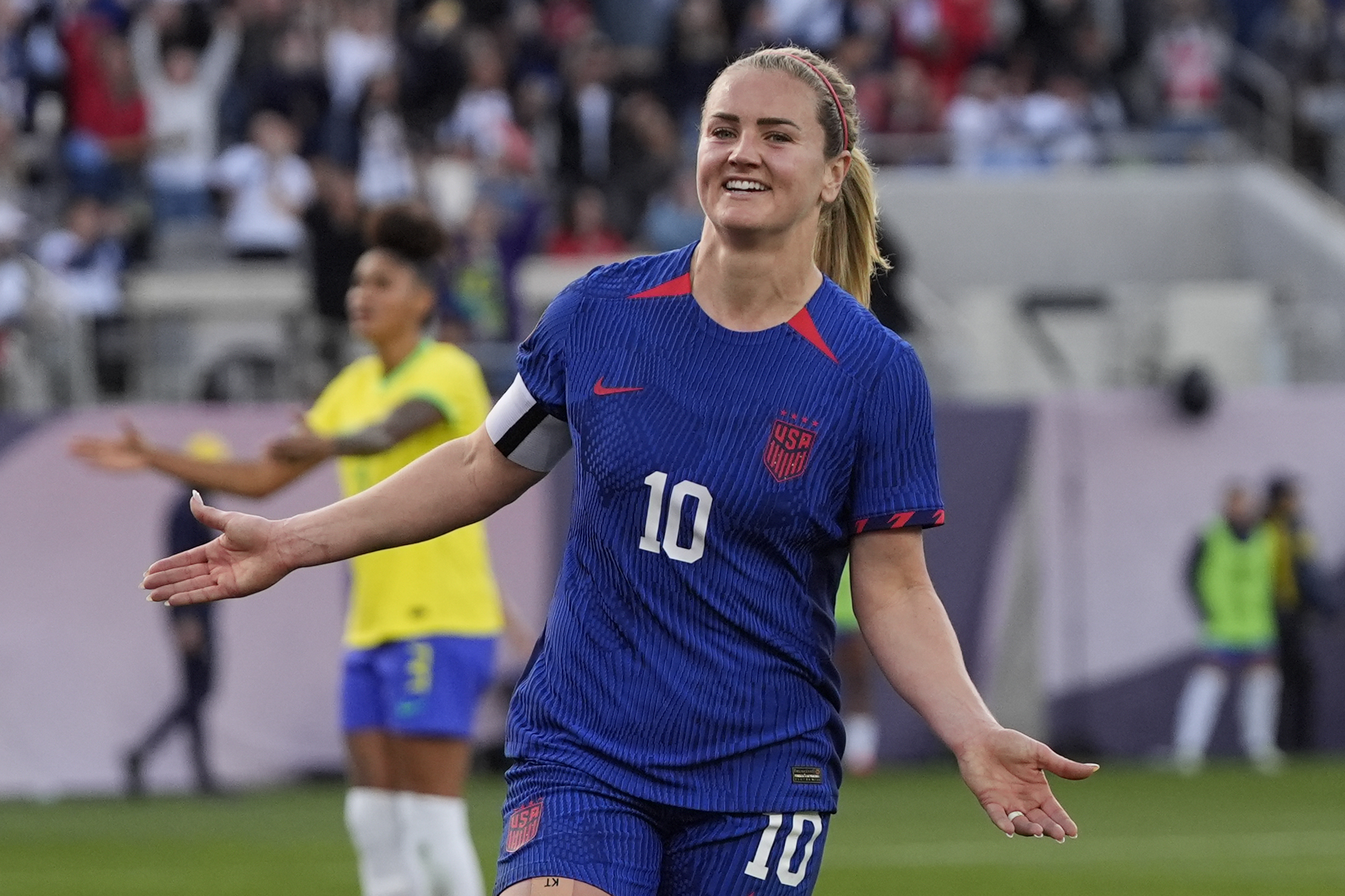 United States' Lindsey Horan (10) celebrates after scoring a goal during the first half of the CONCACAF Gold Cup women's soccer tournament final match against Brazil, Sunday, March 10, 2024, in San Diego. 