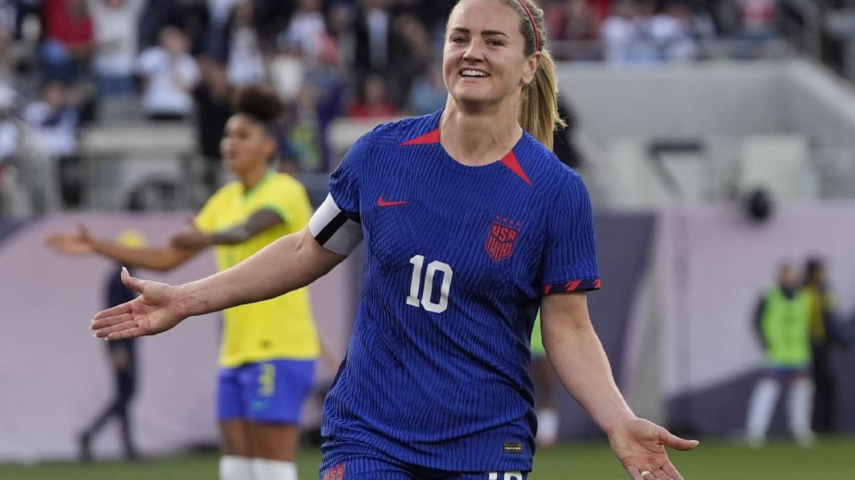 United States' Lindsey Horan (10) celebrates after scoring a goal during the first half of the CONCACAF Gold Cup women's soccer tournament final match against Brazil, Sunday, March 10, 2024, in San Diego.