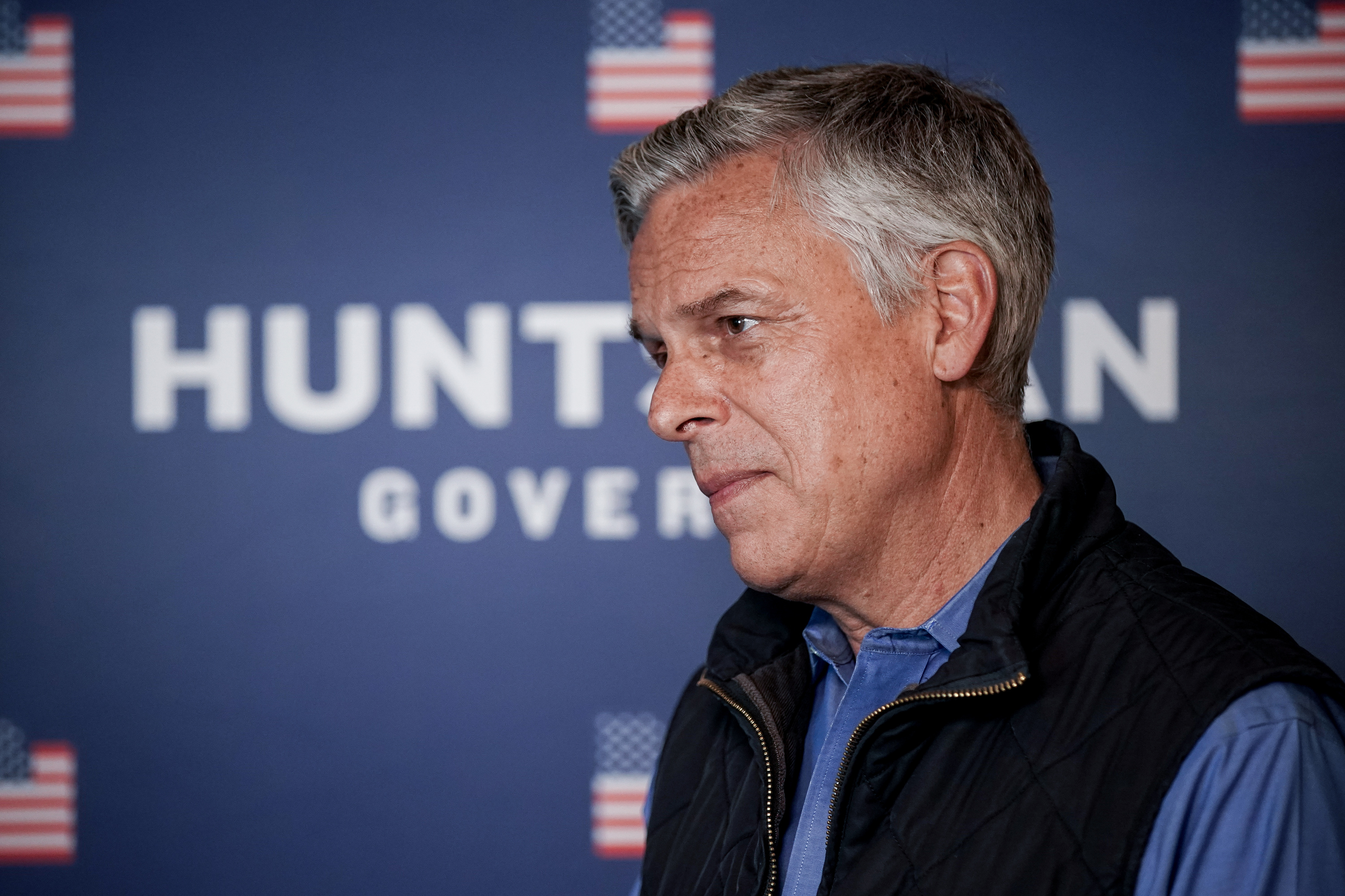 Jon Huntsman Jr. talks to journalists in Salt Lake City, during his Republican gubernatorial candidacy, on June 30, 2020. Huntsman on Monday was named vice chairman and president of strategic growth for Mastercard.