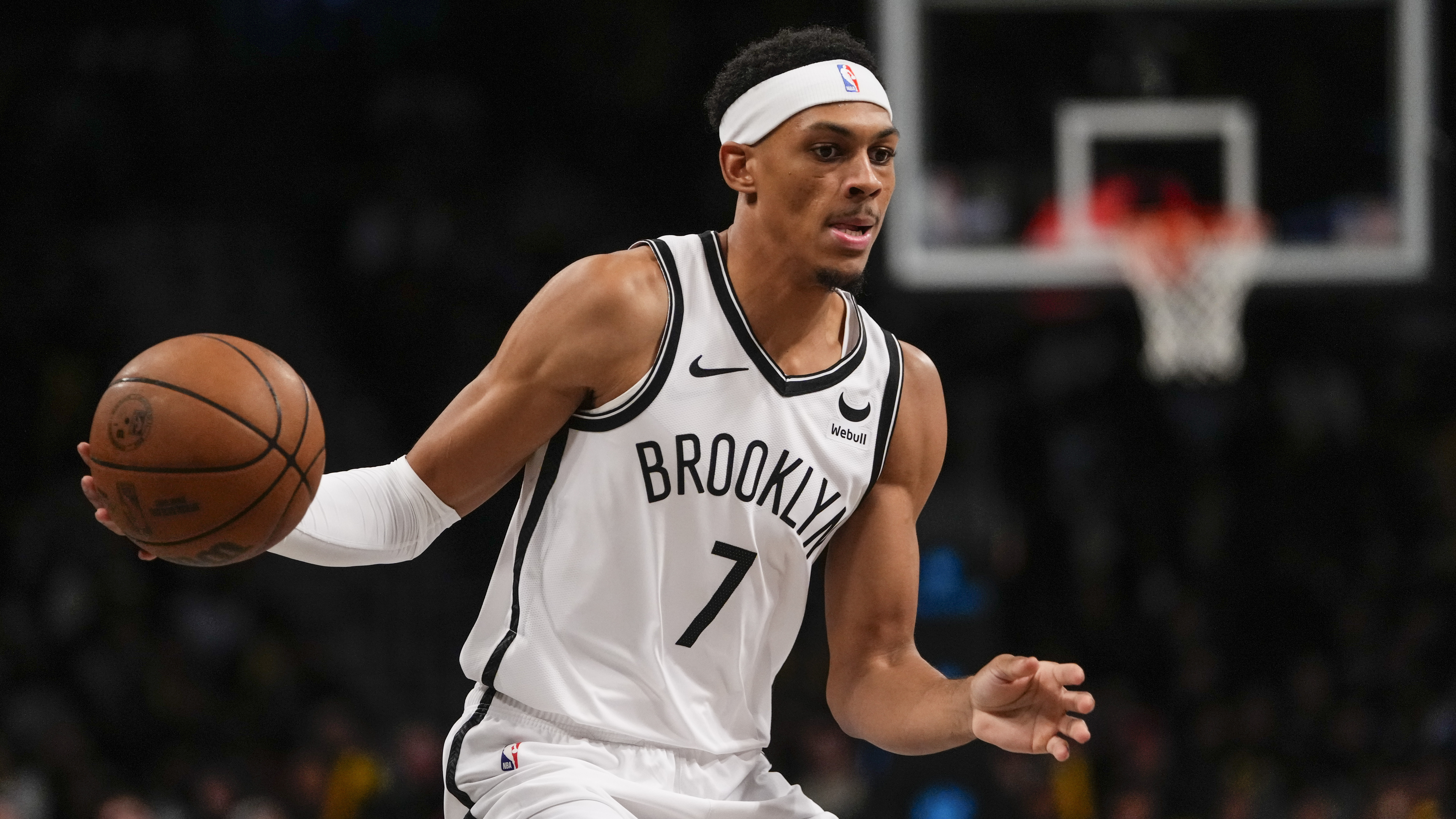 Brooklyn Nets' Darius Bazley (7) during the second half of a preseason NBA basketball game against the Philadelphia 76ers Monday, Oct. 16, 2023, in New York. The 76ers won 127-119.