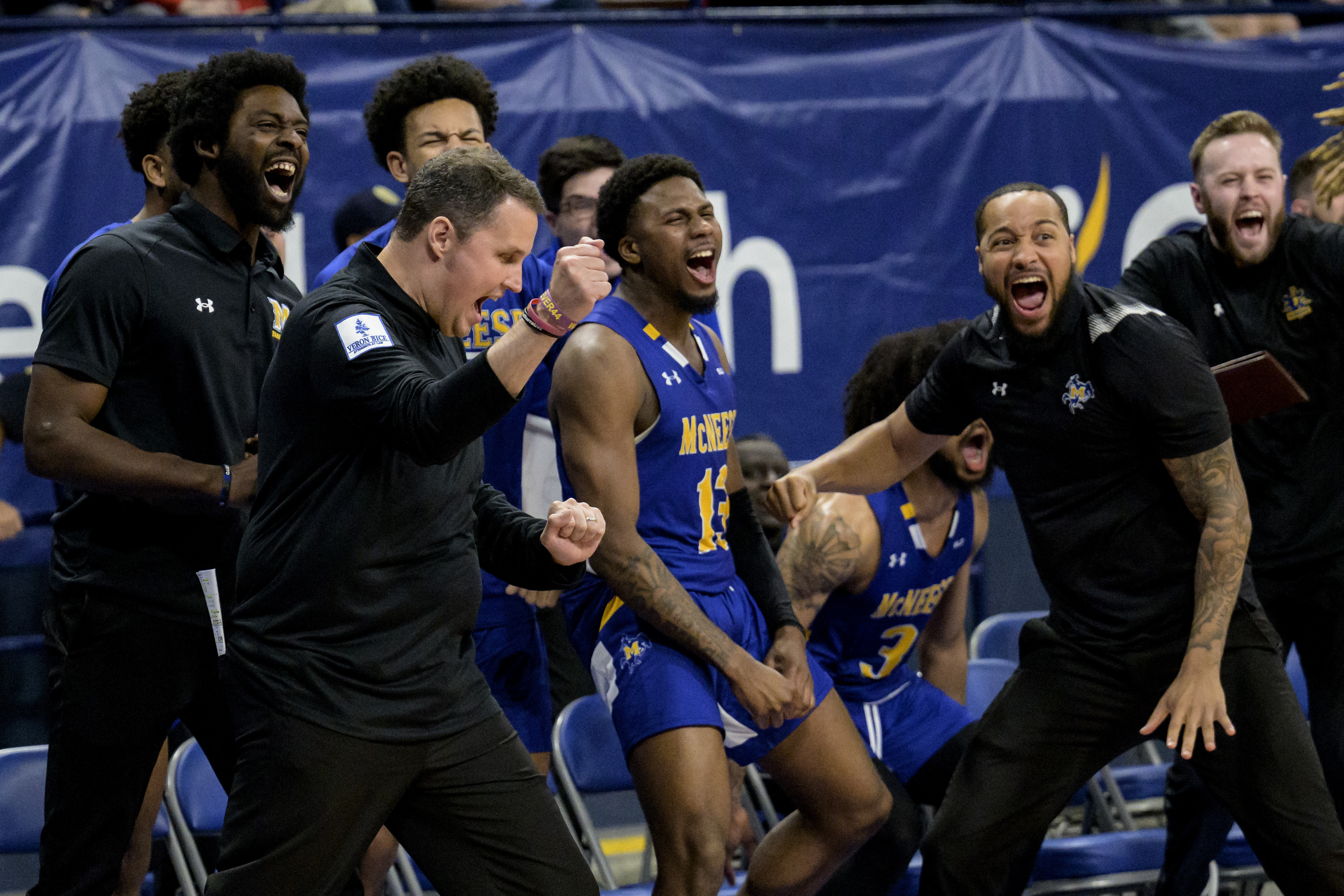McNeese State coach Will Wade, second lfrom eft, reacts with his team during an NCAA college basketball game against New Orleans in New Orleans, Wednesday, March 6, 2024. Wade was suspended for the first 10 games of the 2023–24 season by the NCAA but the team went to a 28-3 record and finished first in the Southland Conference.