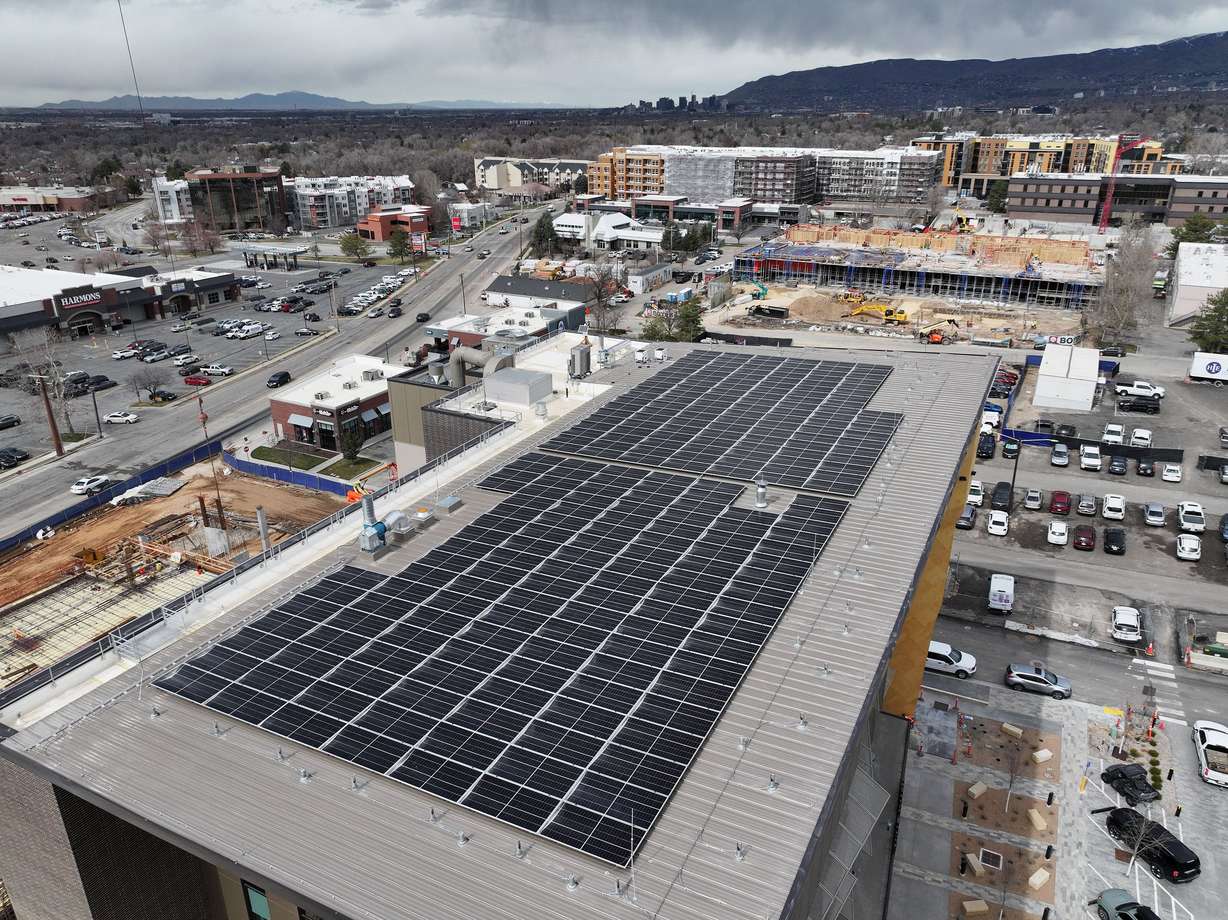 Solar arrays are seen atop the Millcreek city offices on Monday.