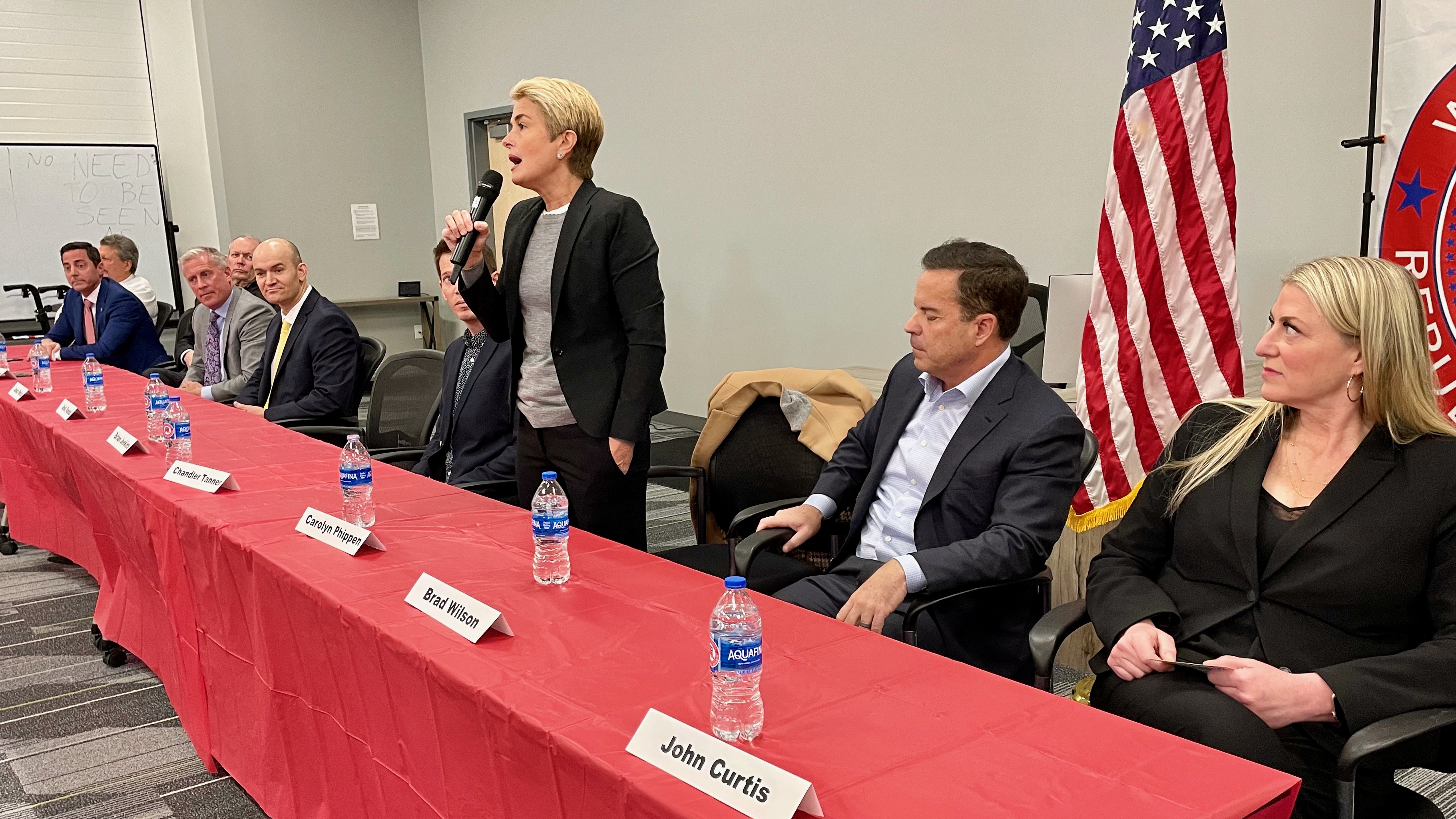 U.S. Senate hopeful Carolyn Phippen addresses a forum featuring the GOP Senate hopefuls in Ogden on Monday. Also at the event were, from left, Jeremy Friedbaum, Trent Staggs, Brent Orrin Hatch, Jason Walton, Josh Randall, Chandler Tanner, Brad Wilson and Adrielle Herring, John Curtis' campaign chairwoman.