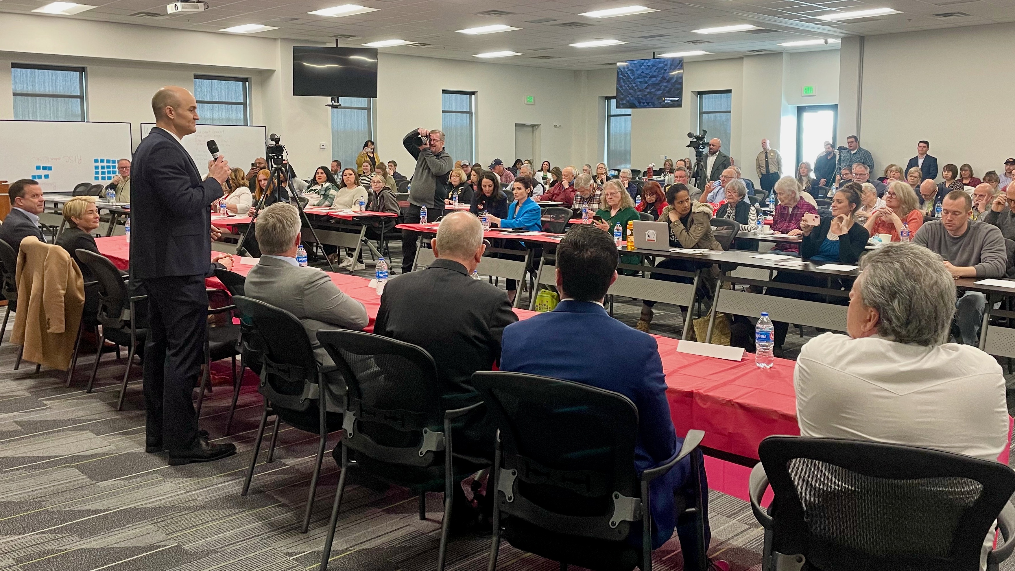 U.S. Senate hopeful Josh Randall addresses a forum featuring the GOP Senate candidates on Monday in Ogden. Also on hand, from right, were Jeremy Friedbaum, Trent Staggs, Brent Orrin Hatch, Jason Walton, Chandler Tanner (out of view), Carolyn Phippen and Brad Wilson.