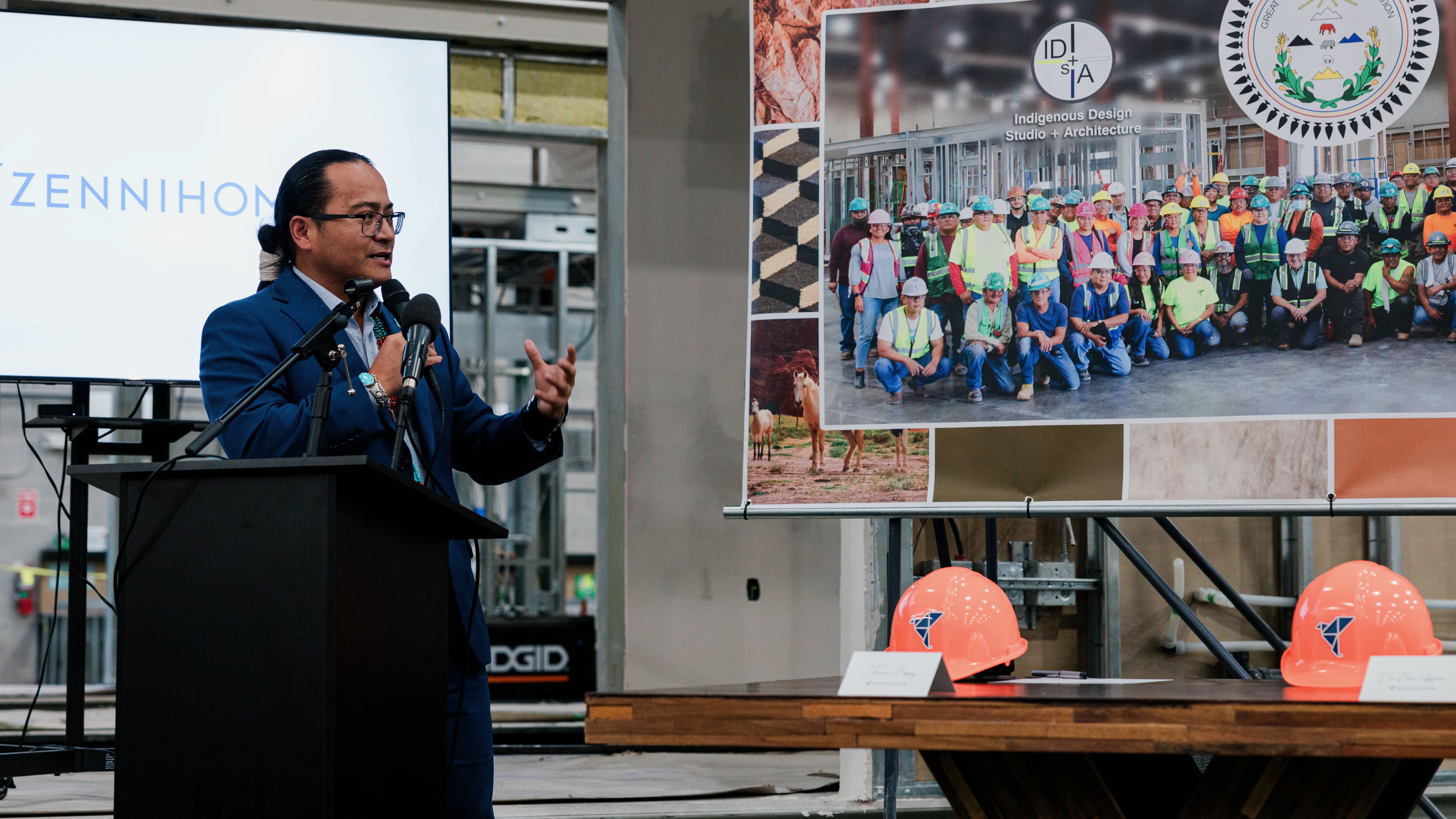 Navajo Nation President Buu Nygren speaks at the ZenniHome facility in Page, Arizona, on March 8. He and ZenniHome officials announced plans to build a new manufactured home production facility on the reservation.