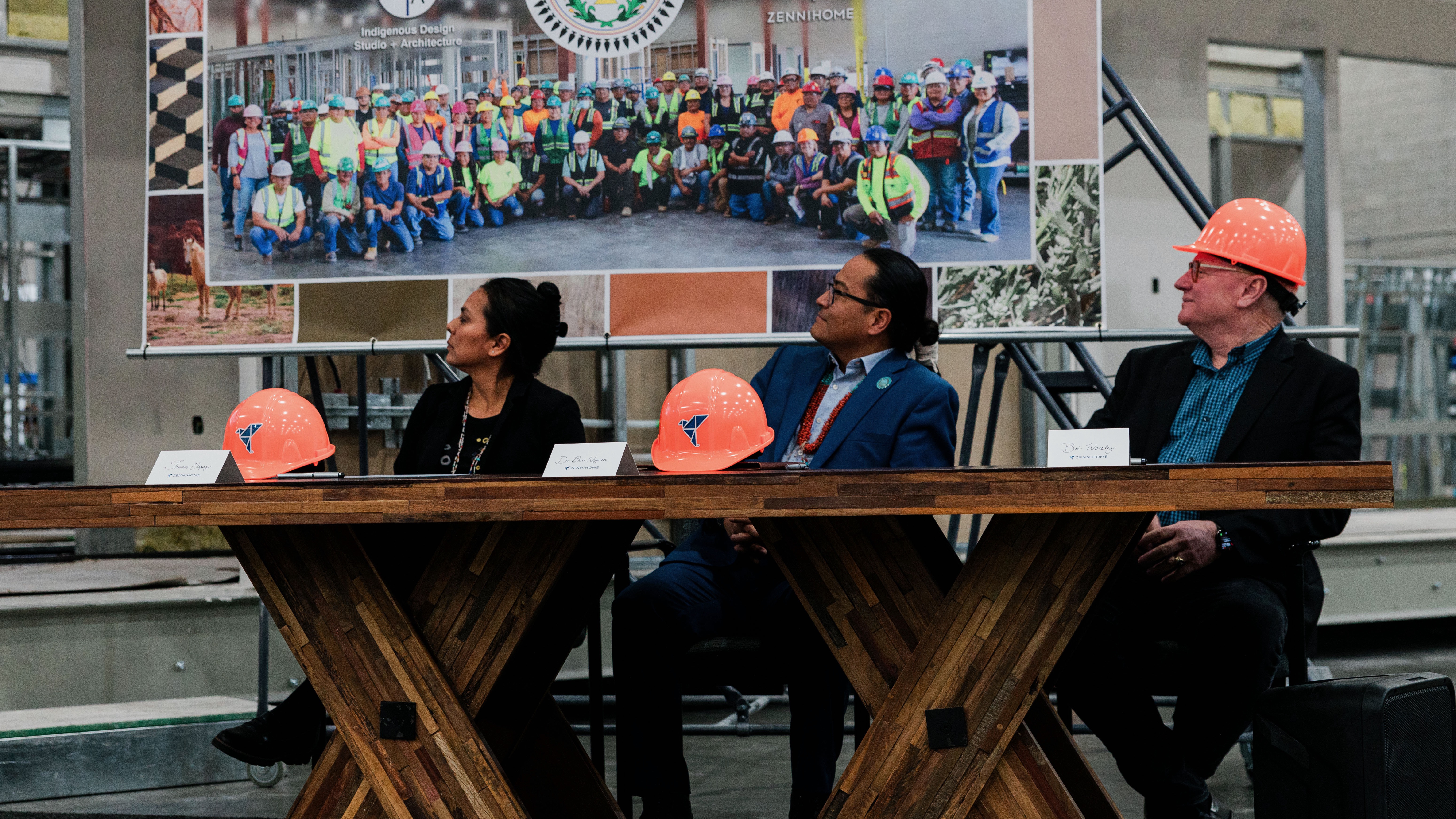 ZenniHome and Navajo Nation officials announced plans to build a new manufactured home production facility in Page, Arizona, on Navajo Nation grounds on March 8. From left, architect Tamarah Begay, Navajo Nation President Buu Nygren and ZenniHome Chief Executive Officer Bob Worsley.