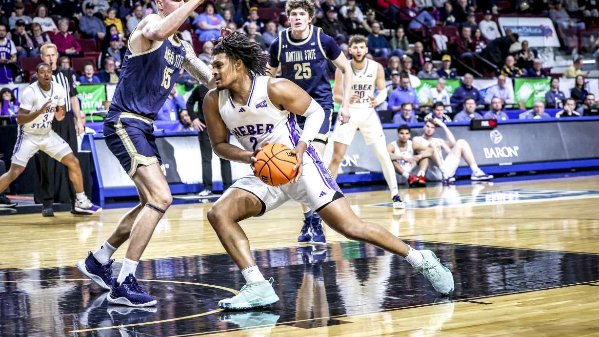 Weber State's Dillon Jones drives to the basket during a Big Sky Tournament quarterfinal against Montana State, Monday, March 11, 2024 in Boise, Idaho. The Bobcats won, 91-82.