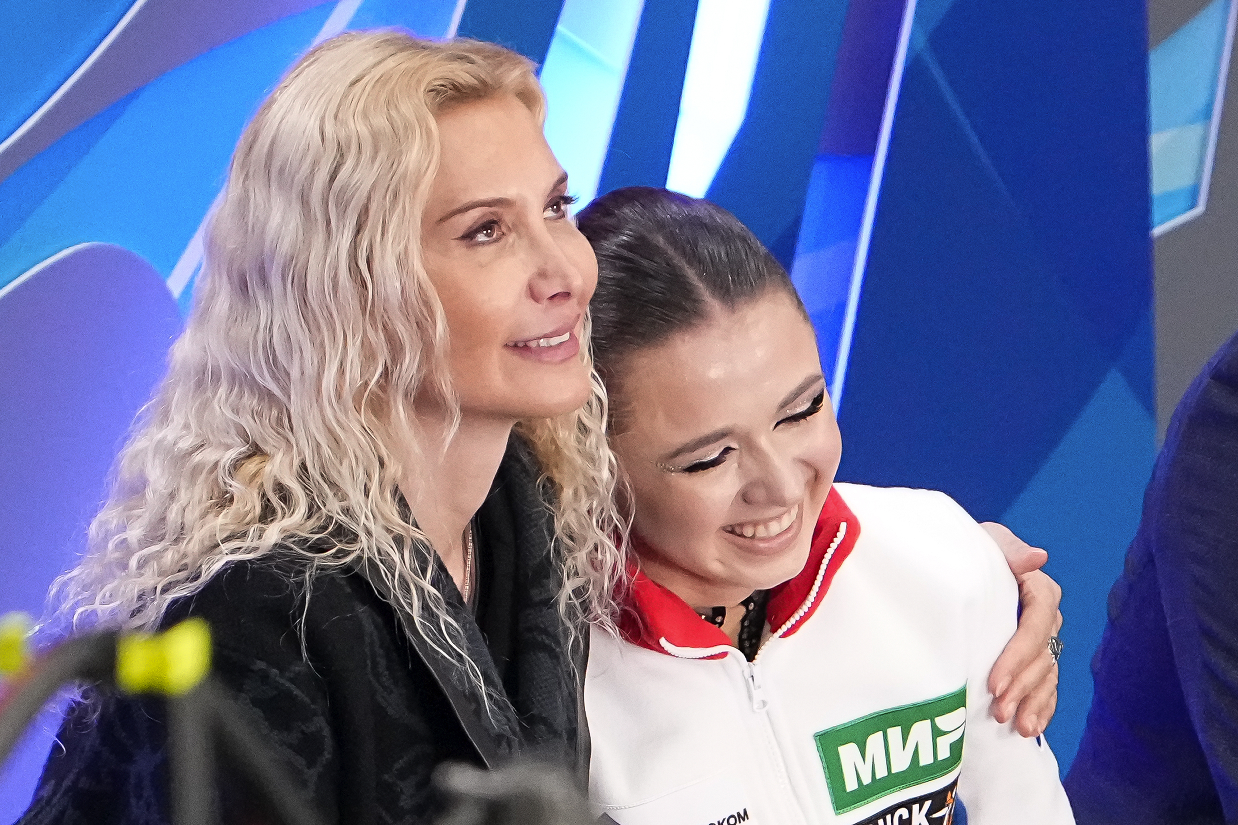 FILE - Russian Kamila Valieva, right, and her coach Eteri Tutberidze react after competing in the women's free skate program during the figure skating competition at the 2023 Russian Figure Skating Grand Prix in Moscow, Russia, Sunday, Nov. 26, 2023. The Olympics doping case of Russian figure skater Kamila Valieva left a “very unpleasant” taste, the World Anti-Doping Agency said Tuesday, March 12, 2024, though it won an appeal in January which led to her four-year ban.