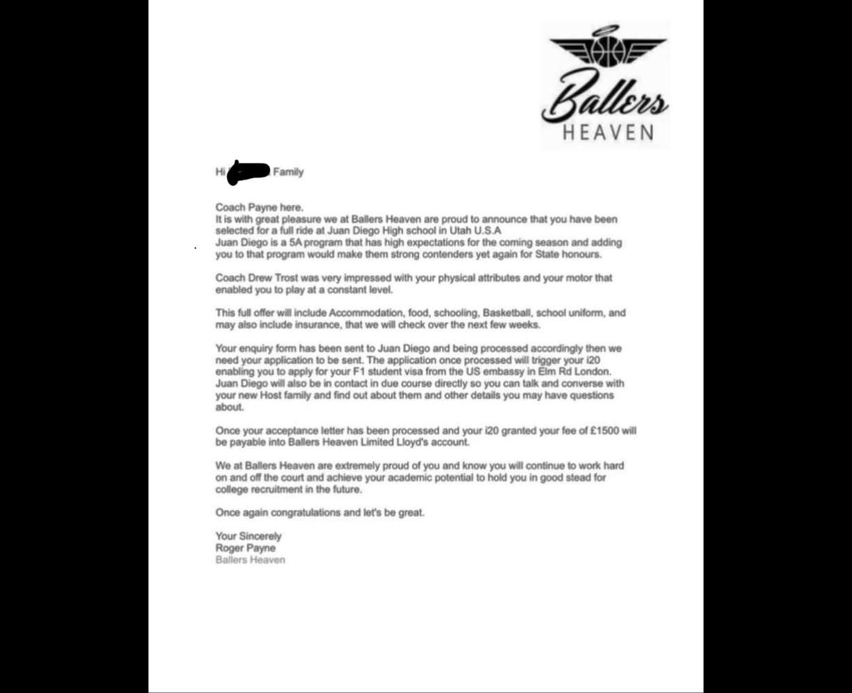 A letter sent to Jared offering him a "full ride" opportunity to play high school basketball in America.