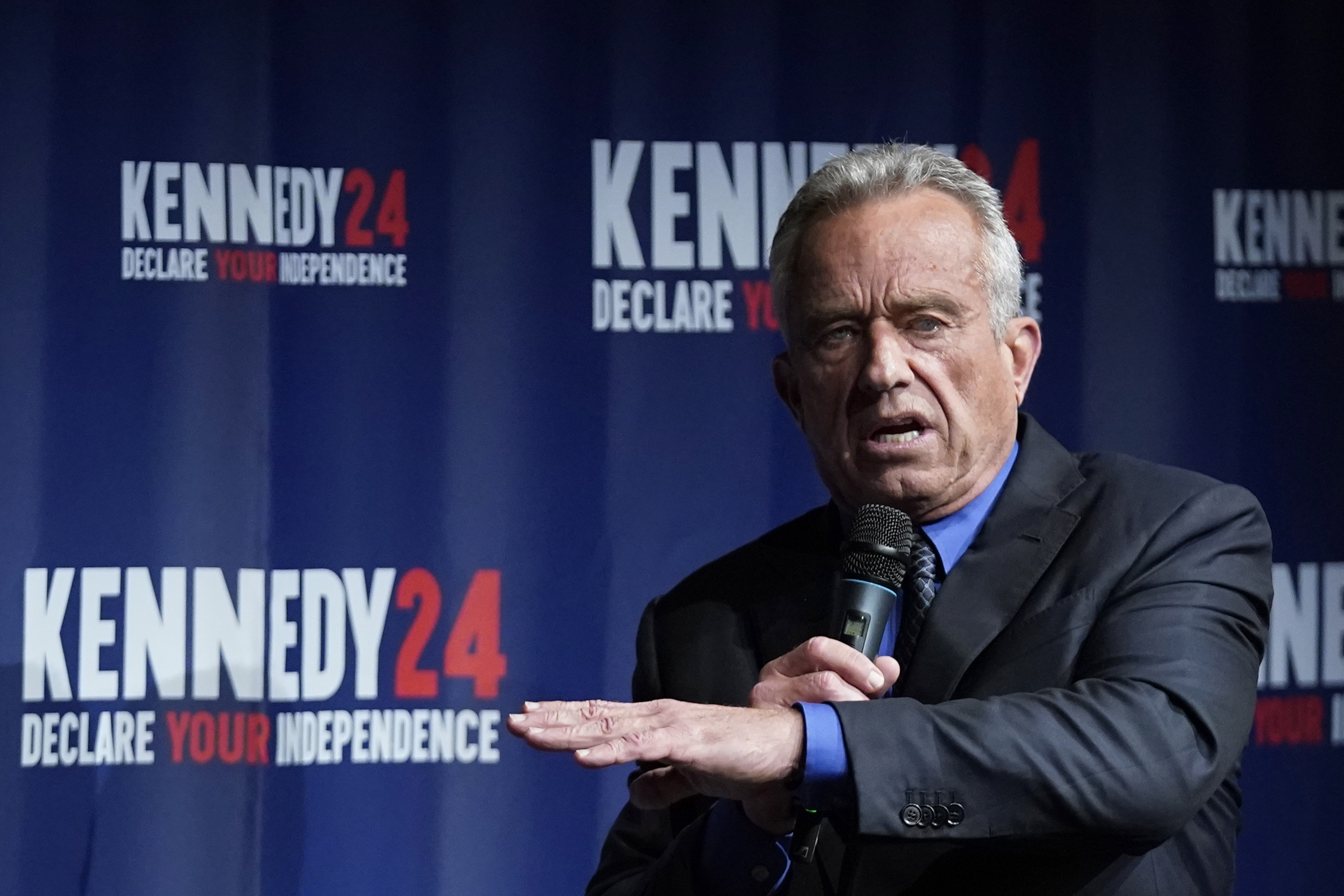 FILE - Presidential candidate Robert F. Kennedy Jr., speaks during a campaign event at the Adrienne Arsht Center for the Performing Arts of Miami-Dade County, Thursday, Oct. 12, 2023, in Miami. Kennedy is having conversations with vice presidential candidates as he gets closer to announcing his runningmate for his independent presidential bid. 