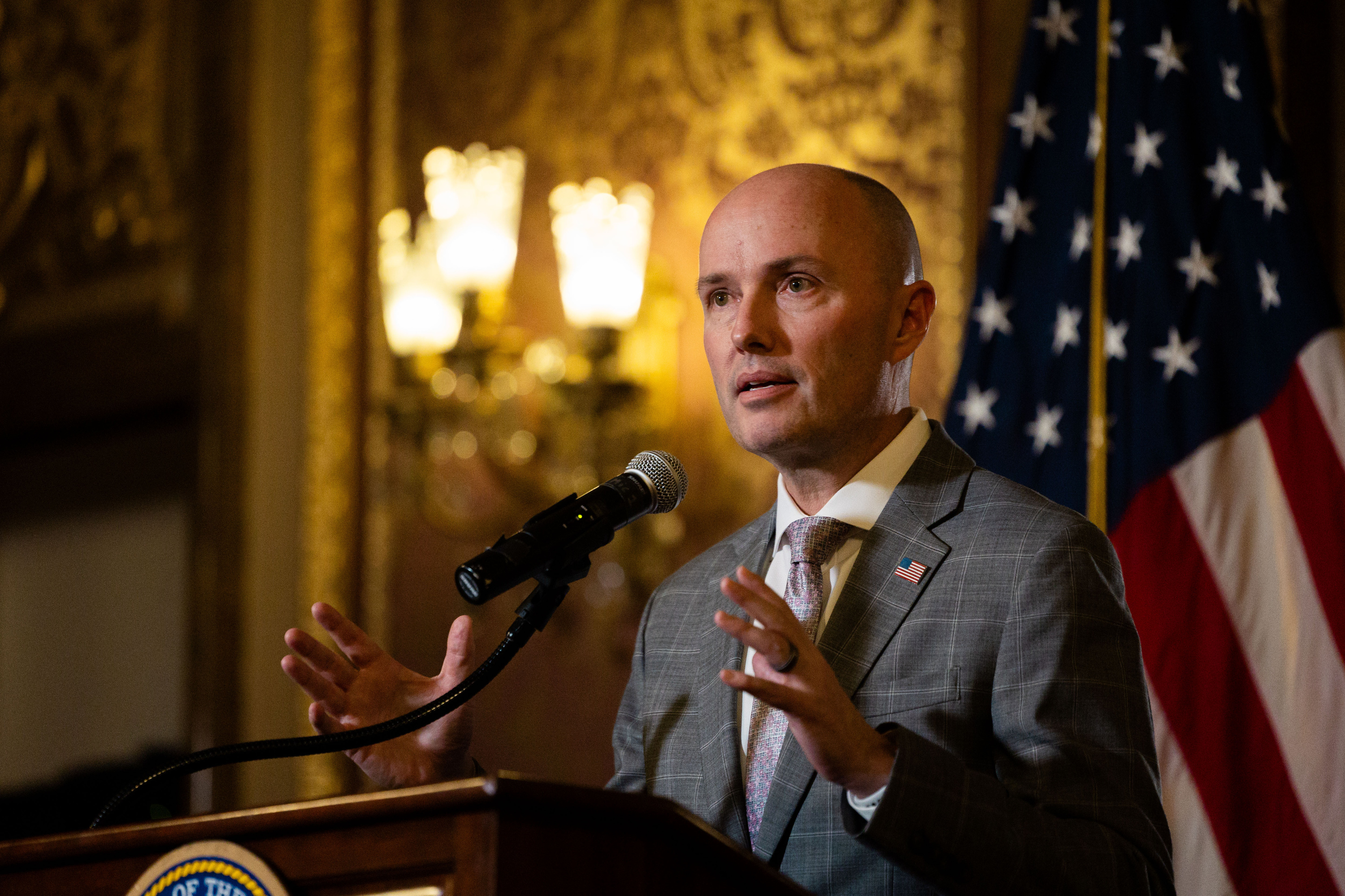 Utah Gov. Spencer Cox speaks during a press conference on the last day of the 2024 legislative session at the Utah Capitol in Salt Lake City on March 1. Cox answered questions from resident during a virtual town hall Tuesday night.