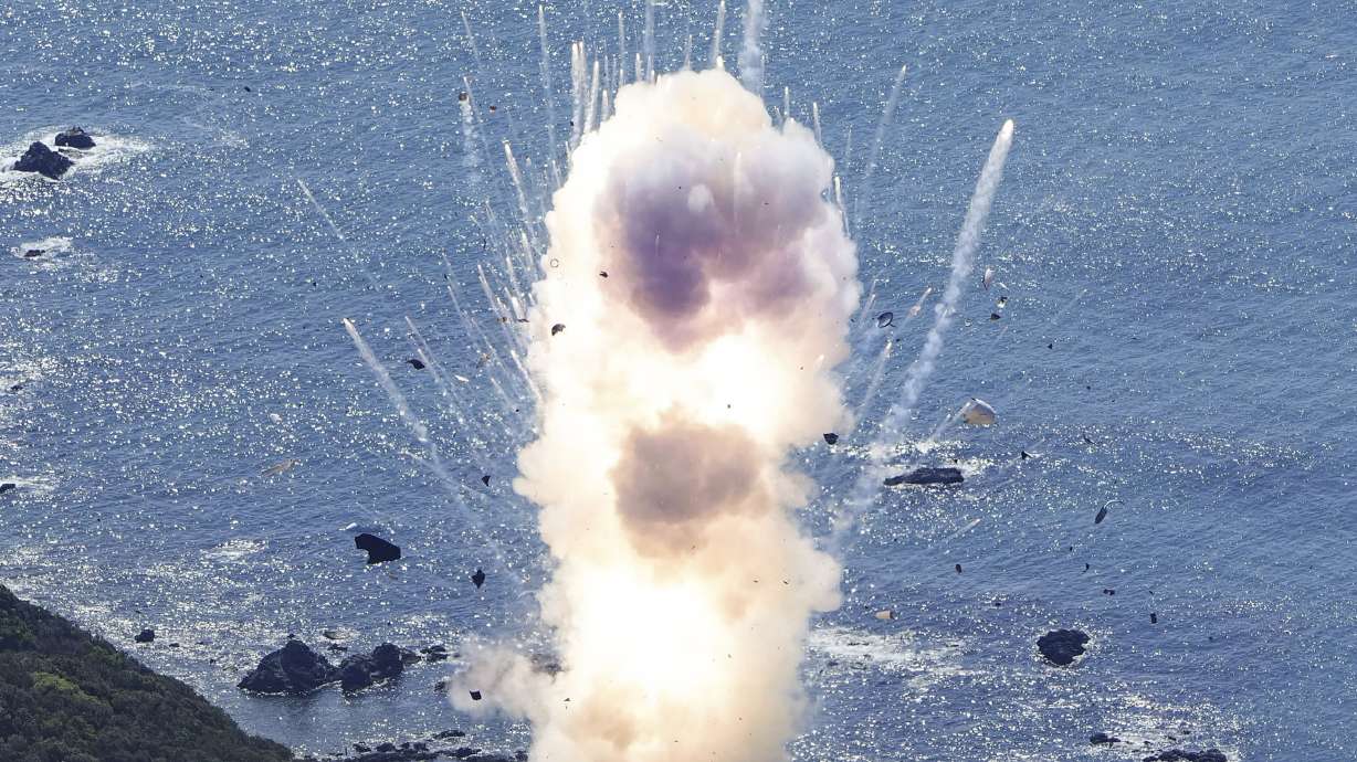Space One's Kairos rocket explodes after liftoff from a launch pad in Kushimoto, Wakayama prefecture, western Japan, Wednesday.