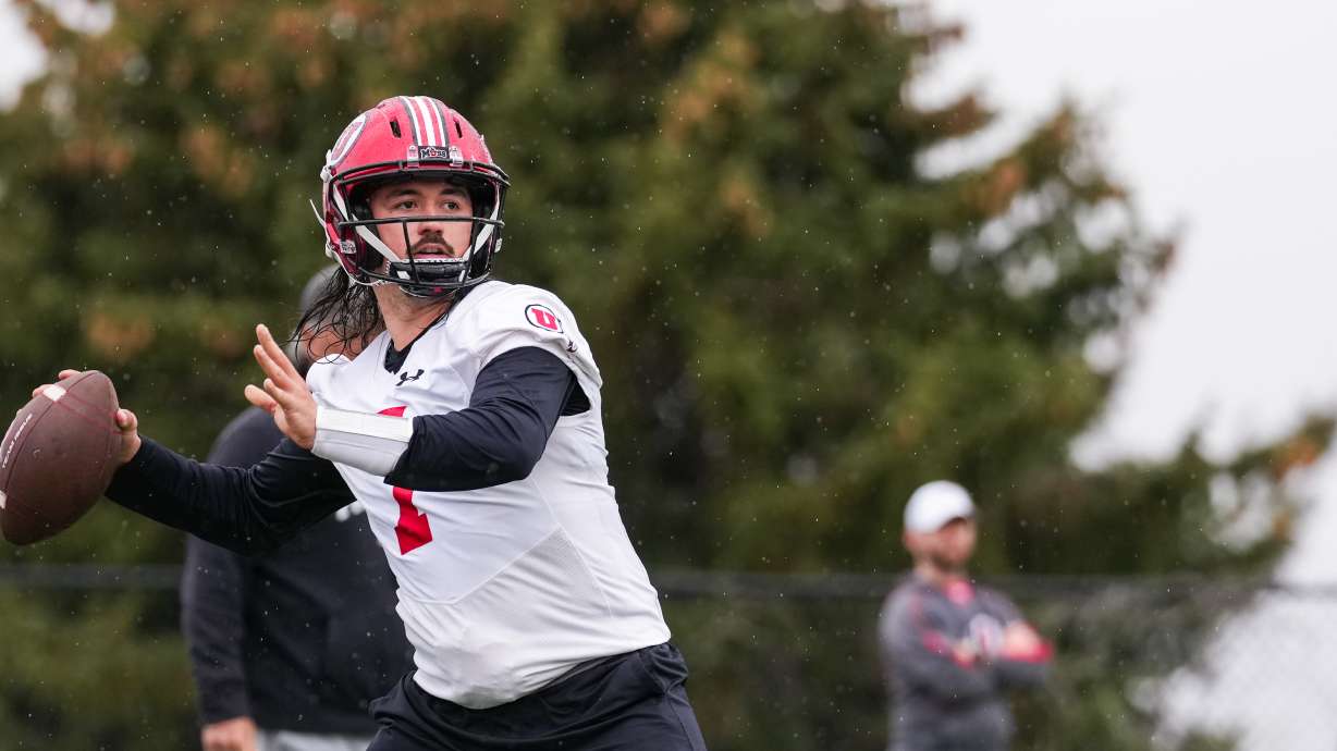 Senior quarterback Cam Rising takes part in Utah football spring ball at Spence and Cleone Eccles Football Center in Salt Lake City on March 12, 2024.