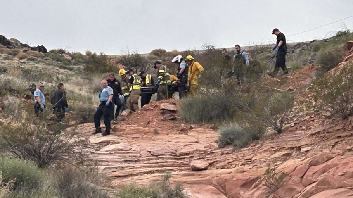 First responders near Tech Ridge at the scene of an incident where one patient was transported to the hospital after her vehicle went off a cliff in St. George Tuesday.