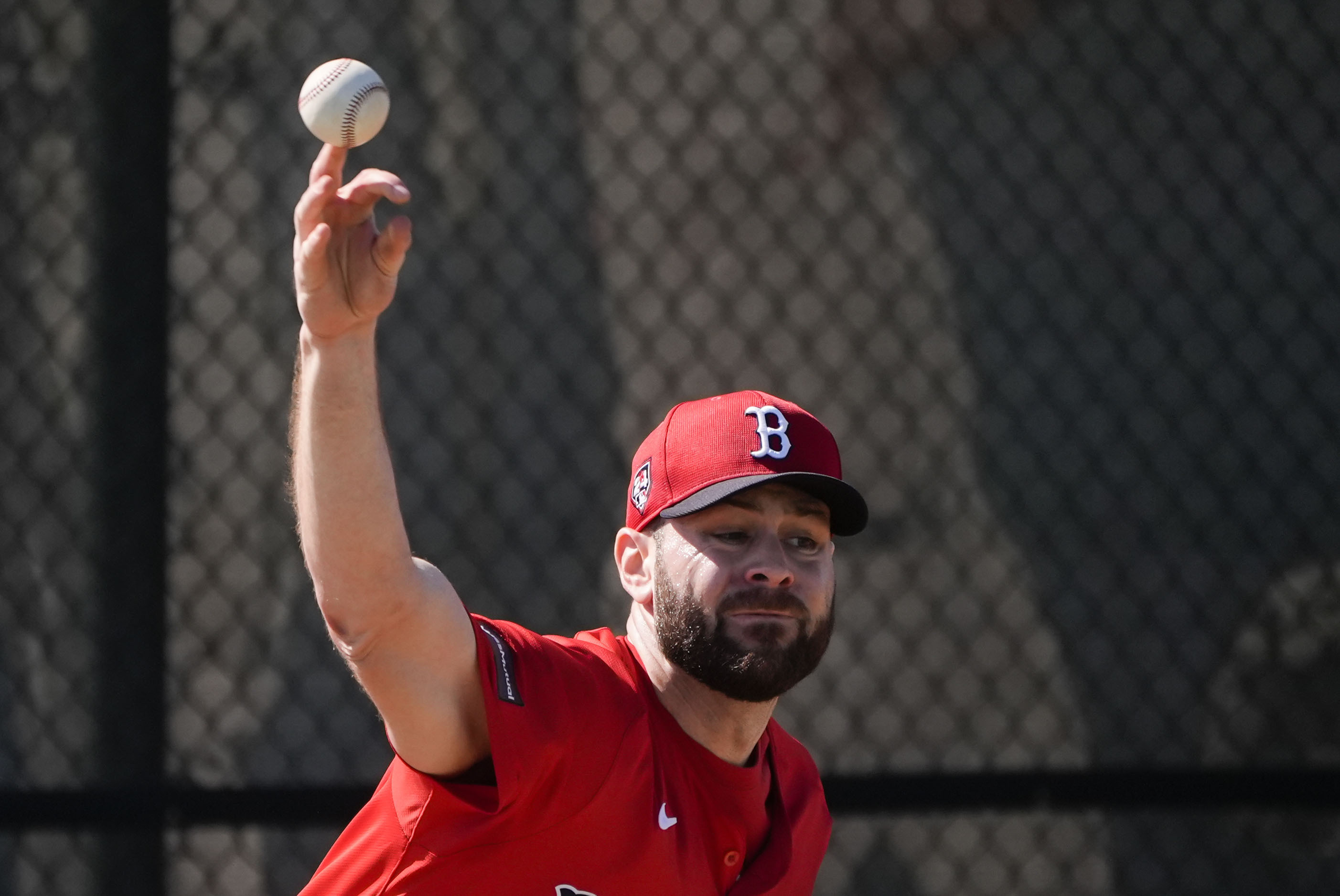 Red Sox pitcher Lucas Giolito works out during spring training in Fort Myers, Fla., Thursday, Feb. 15, 2024.