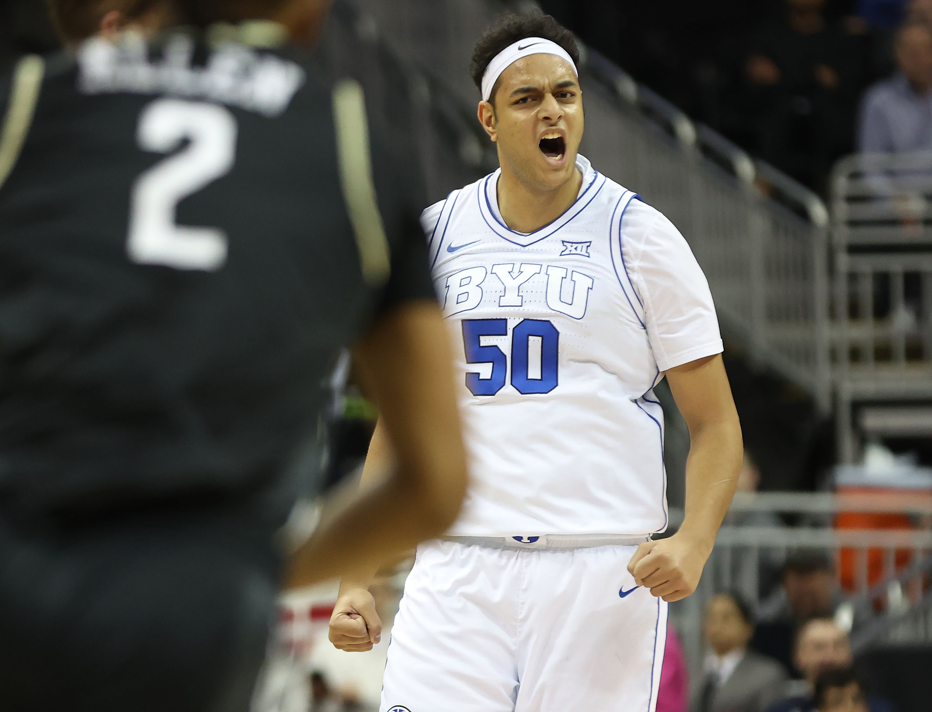 Brigham Young center Aly Khalifa (50) celebrates a three-pointer during the Big 12 conference tournament against UCF in Kansas City on Wednesday, March 13, 2024. BYU won 87-73.