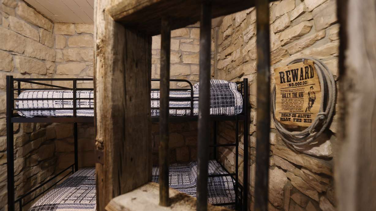 Two jail cells, turned into a bedroom and bathroom, await guests at a historic jail and city hall that was converted into an Airbnb in Ephraim, March 11.