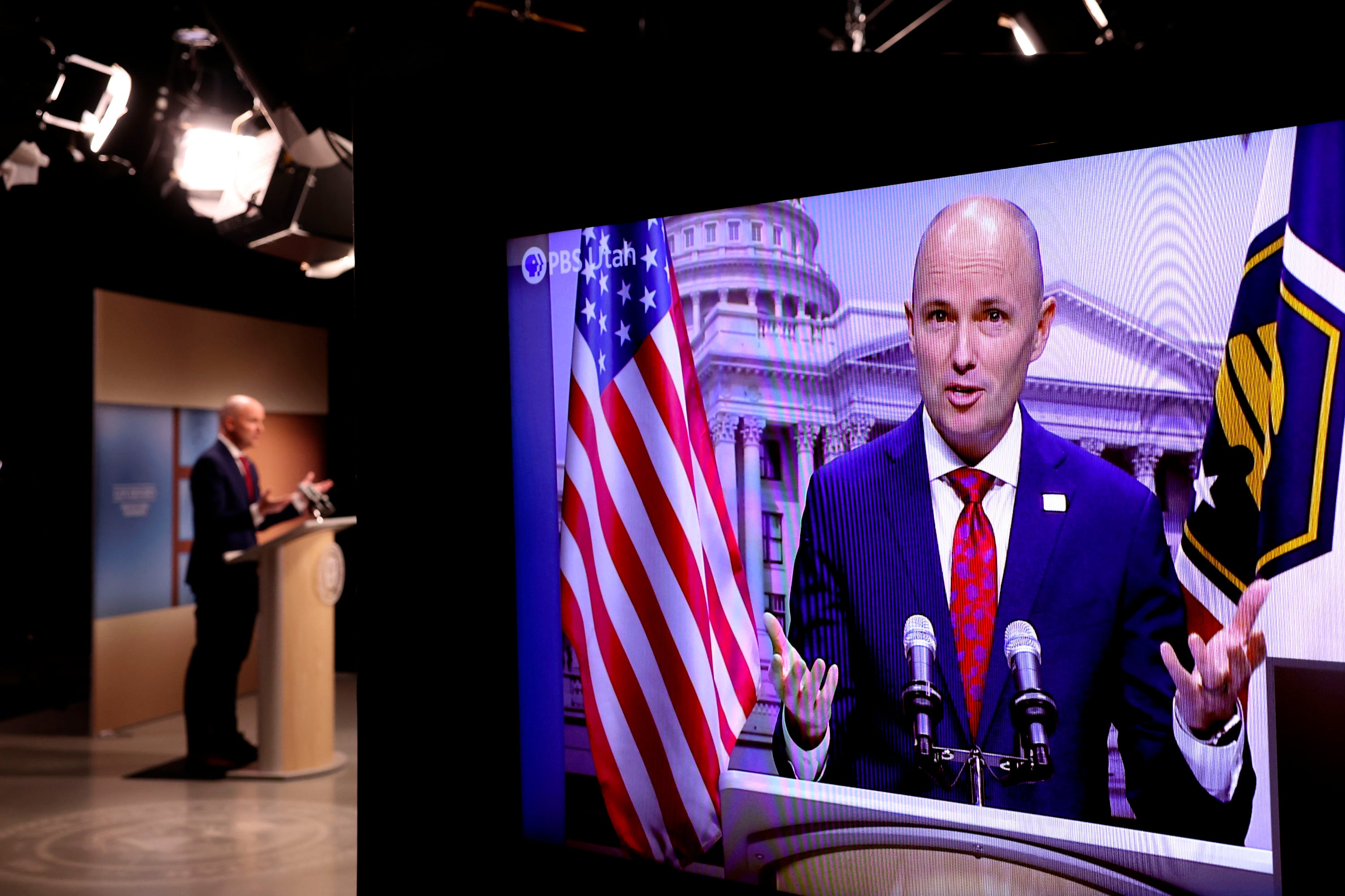 Gov. Spencer Cox speaks to reporters at the PBS monthly news conference at the Eccles Broadcast Center in Salt Lake City on Feb. 15. The governor’s opponents say his "Disagree Better" campaign is an electoral vulnerability.