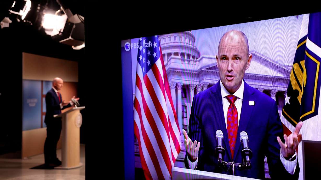 Gov. Spencer Cox speaks to reporters at the PBS monthly news conference at the Eccles Broadcast Center in Salt Lake City on Feb. 15. The governor’s opponents say his "Disagree Better" campaign is an electoral vulnerability.