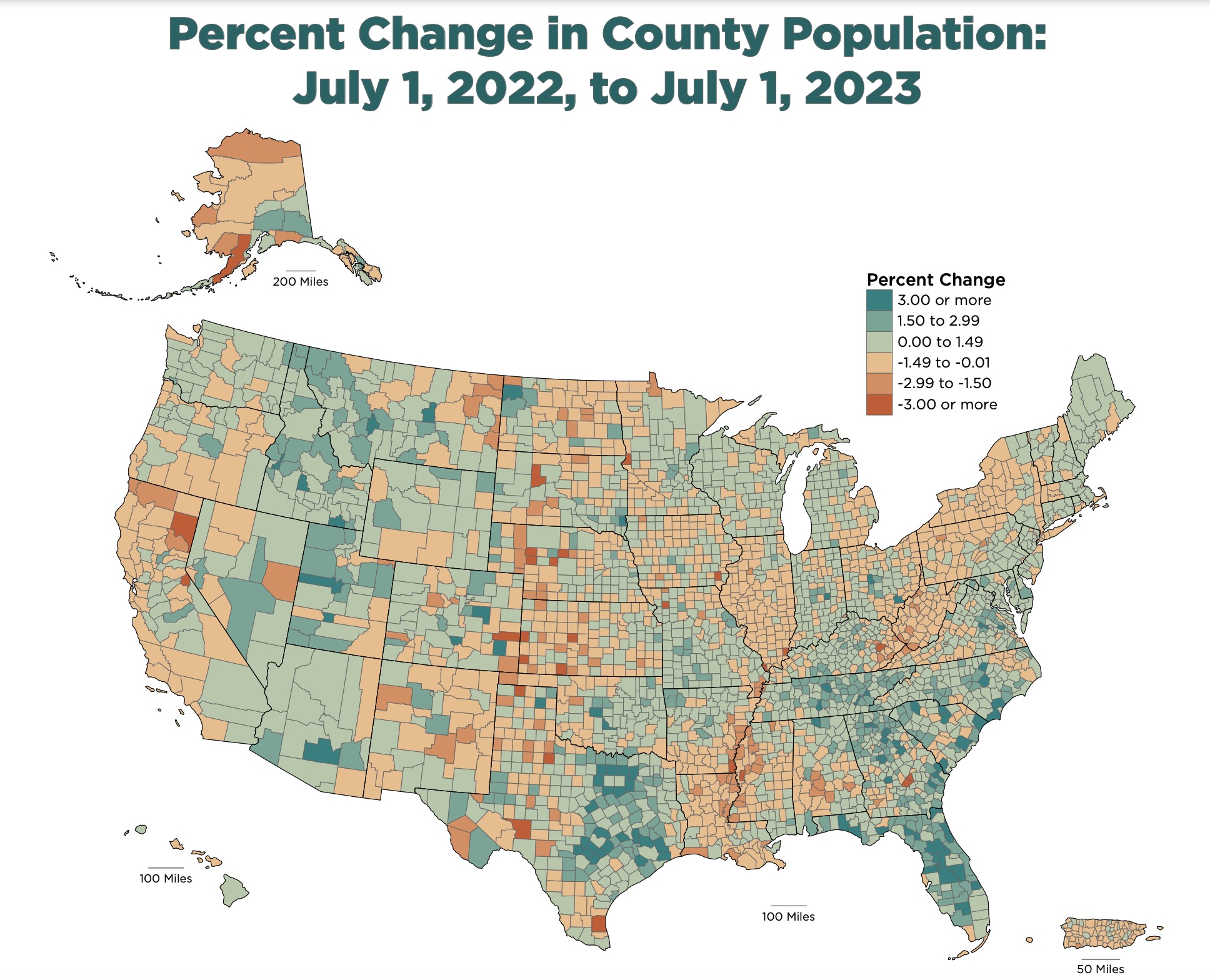 This map shows the population percentage changes for every U.S. county from July 1, 2022, to July 1, 2023. About 60% of the nation's counties experienced population growth, according to the U.S. Census Bureau.