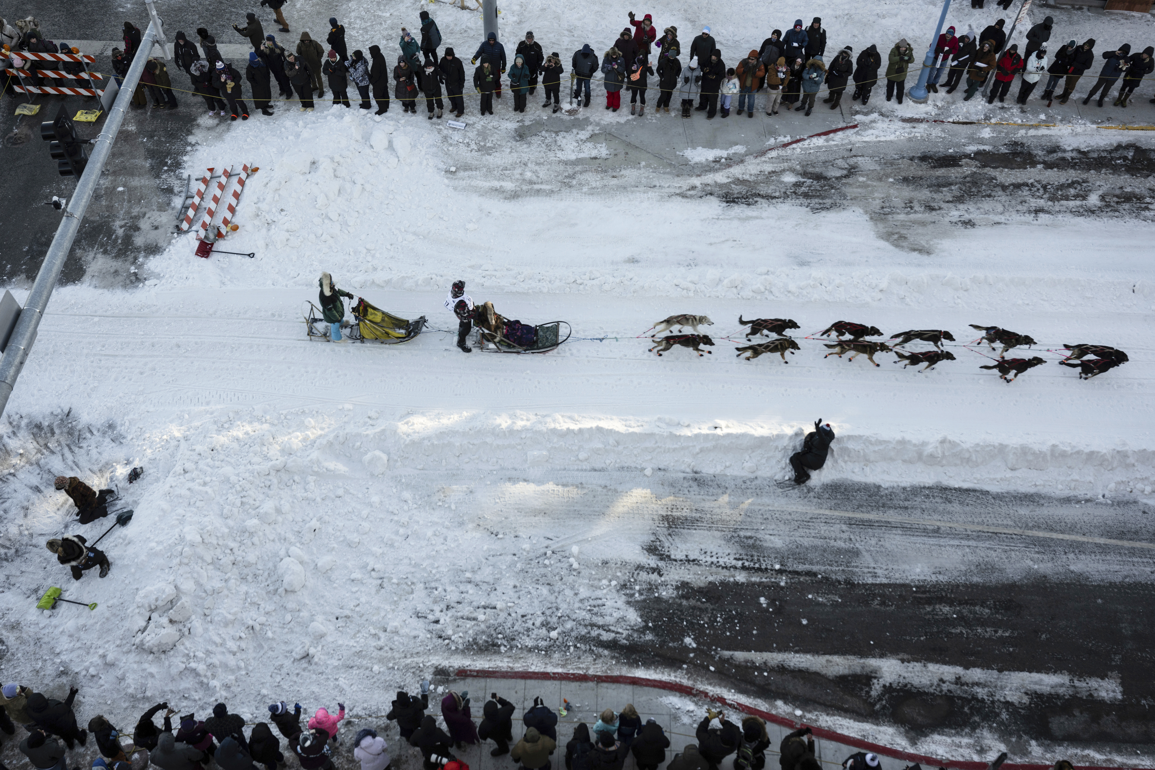 FILE - A musher leaves downtown during the ceremonial start of the Iditarod Trail Dog Sled Race on Saturday, March 2, 2024, in Anchorage, Alaska. This year the deaths of three dogs during the race — and five more during training — have refocused attention on the sport’s darker side and raised questions about the ethics of asking animals to pull a heavy sled for hundreds of miles in subzero temperatures. 