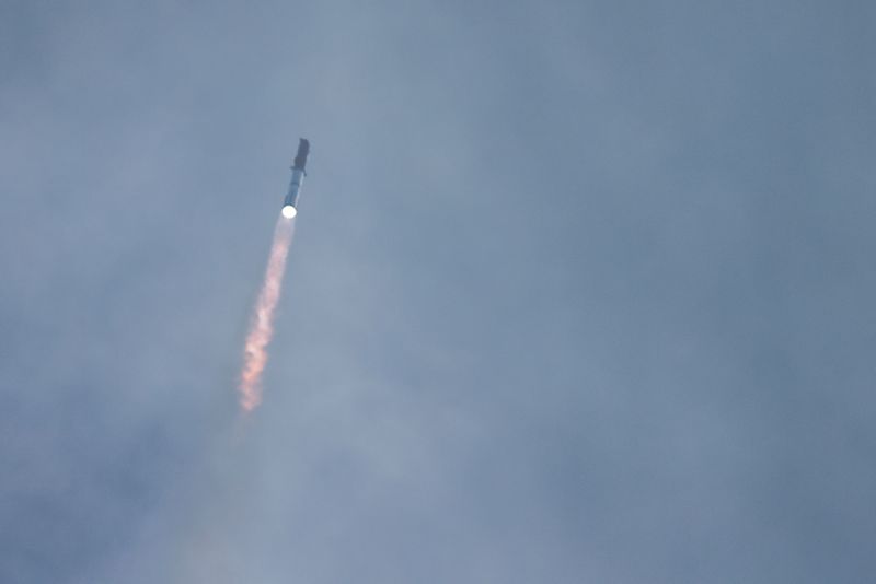 SpaceX's next-generation Starship spacecraft, atop its powerful Super Heavy rocket, lifts off on its third launch from the company's Boca Chica launchpad on an uncrewed test flight, near Brownsville, Texas, Thursday.
