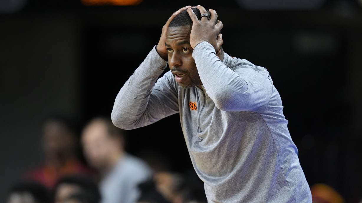 FILE - Oklahoma State head coach Mike Boynton reacts to a call during the first half of an NCAA college basketball game against Iowa State, Saturday, Jan. 13, 2024, in Ames, Iowa. Oklahoma State announced Thursday, March 14, 2024, that it has fired men’s basketball coach Mike Boynton.