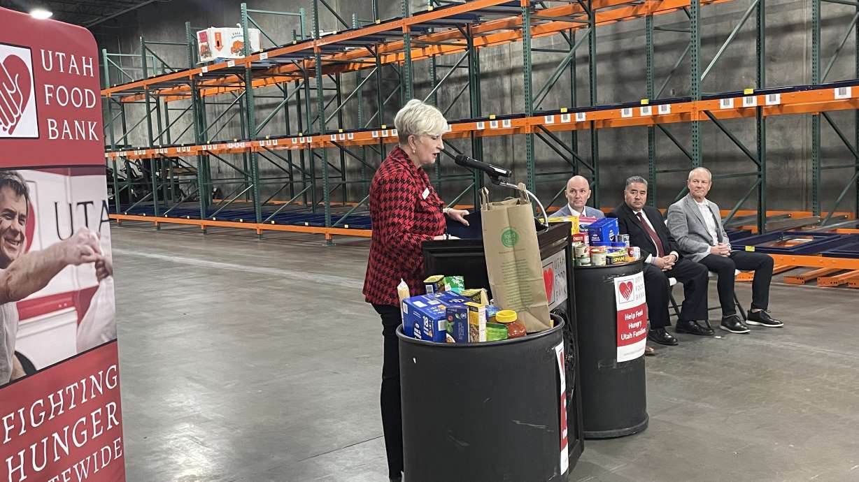 Ginette Bott, Utah Food Bank president, speaks at a press conference Thursday, ahead of the third statewide Feed Utah food drive on Saturday.