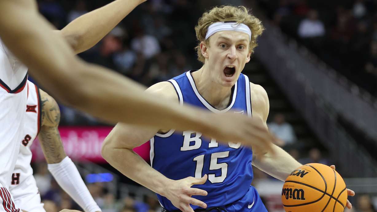 Brigham Young guard Richie Saunders drives to the basket against Texas Tech during the Big 12 conference championship in Kansas City, Mo., on Thursday, March 14, 2024. Texas Tech won 81-67.