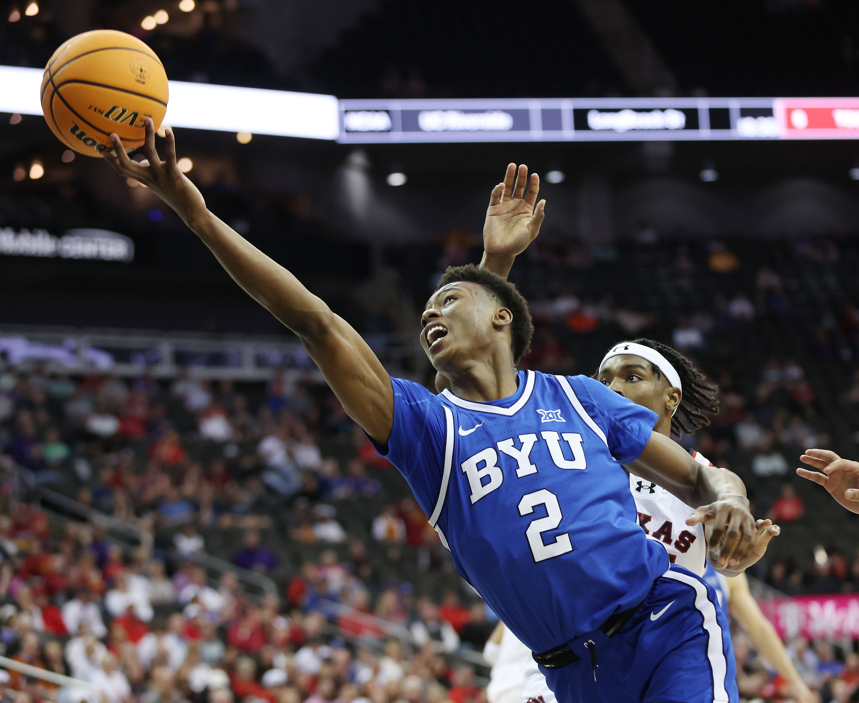 Brigham Young guard Jaxson Robinson (2) drives against Texas Tech during the Big 12 conference championship in Kansas City, Mo., on Thursday, March 14, 2024. Texas Tech won 81-67.